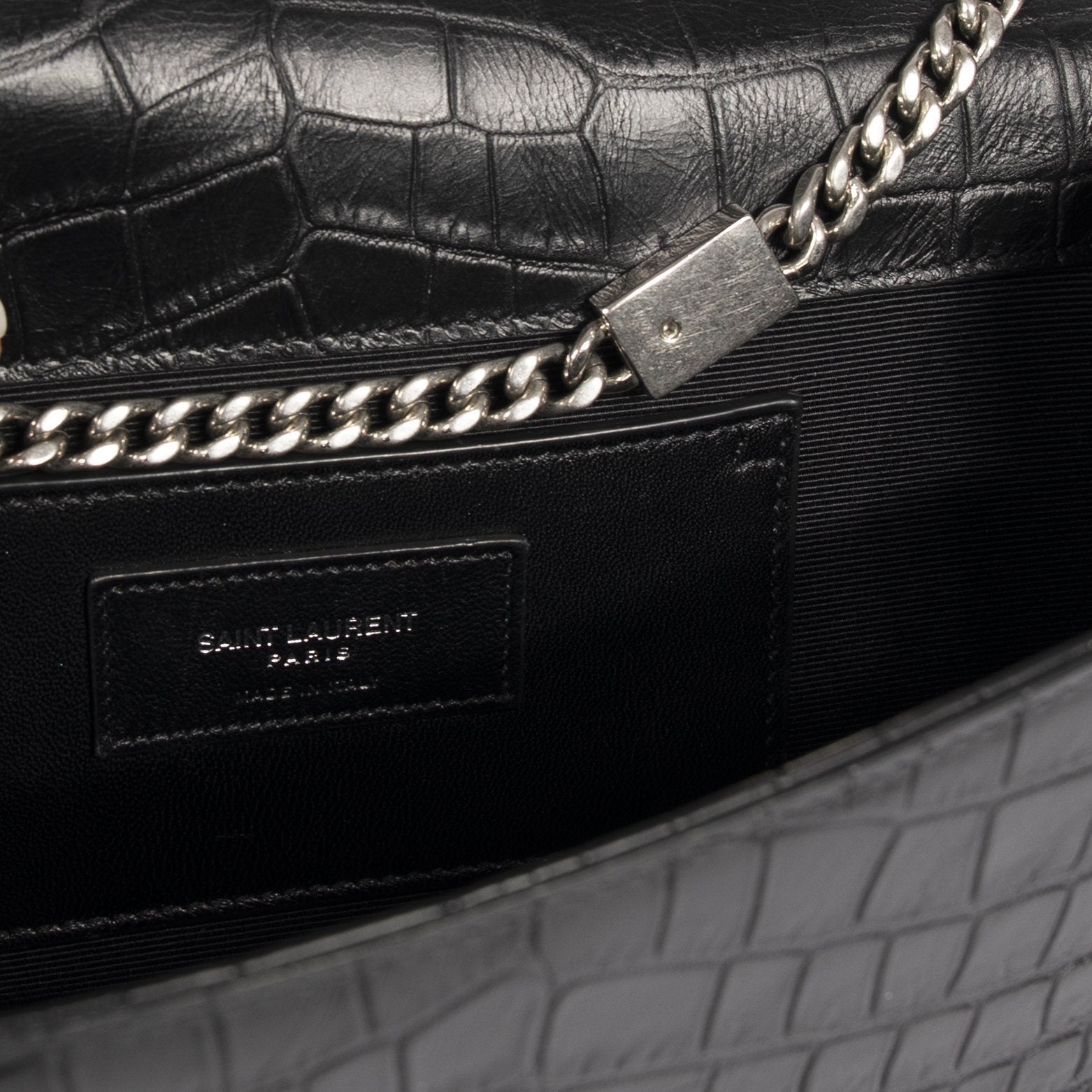 YSL Black Medium Croc Embossed Monogram Kate Tassel Bag w/ Box