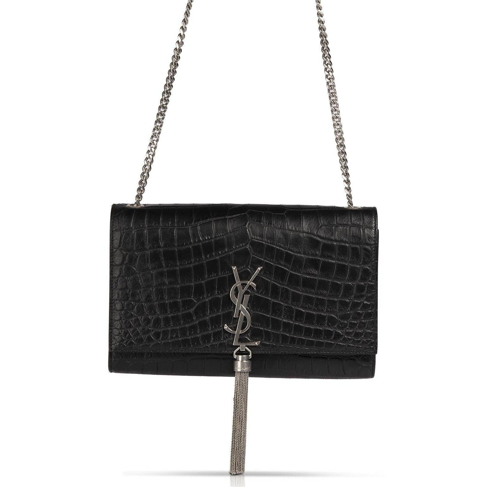 YSL Black Medium Croc Embossed Monogram Kate Tassel Bag w/ Box
