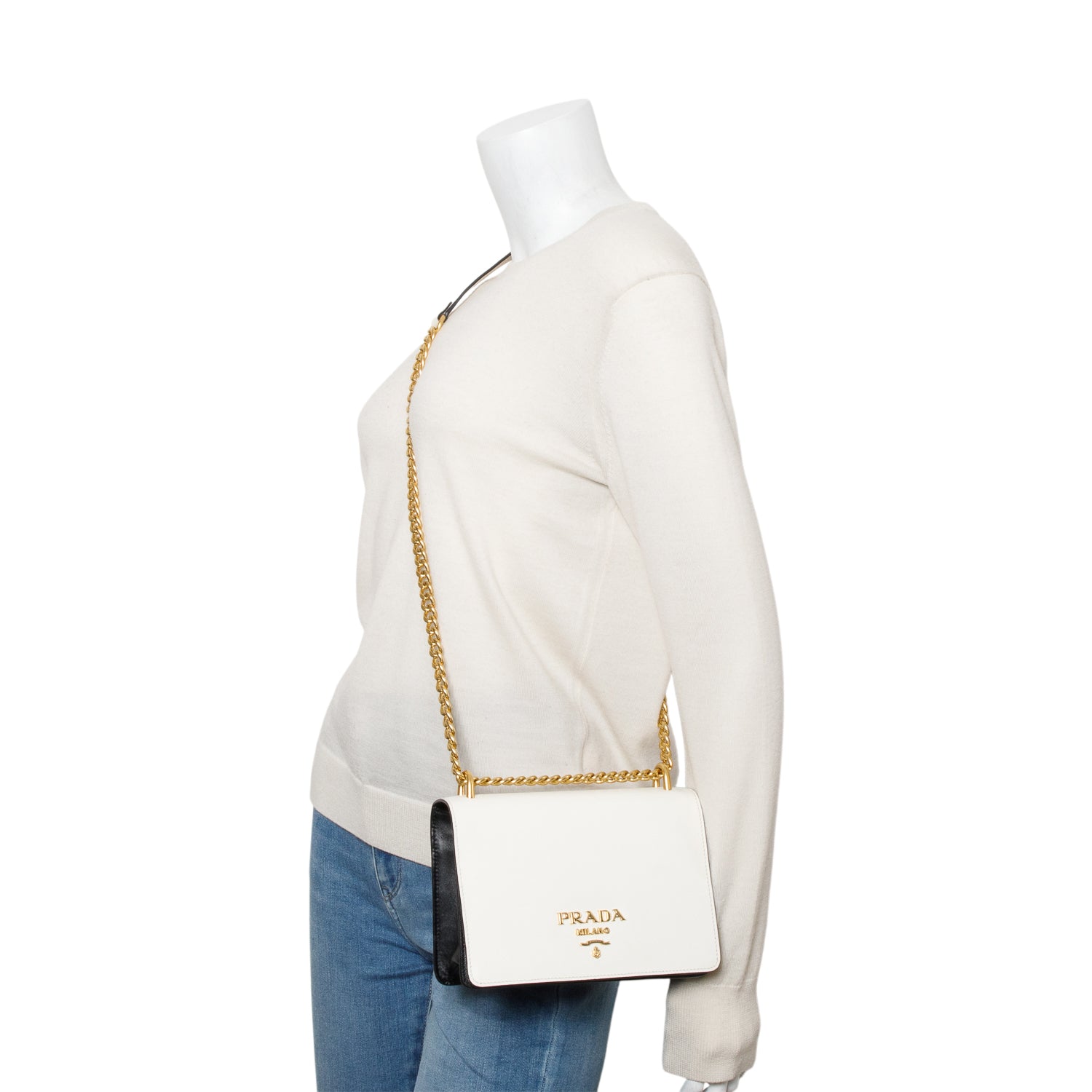 Prada White/Black Saffiano Lux Chain Shoulder Bag