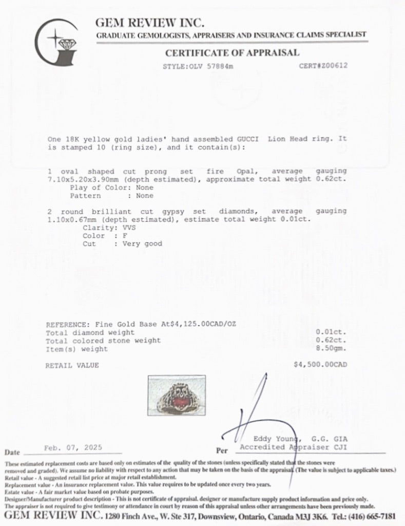 Gucci 18k Yellow Gold Lion Head Ring with Fire Opal & Diamonds, Size 10 5.25 w/ Box