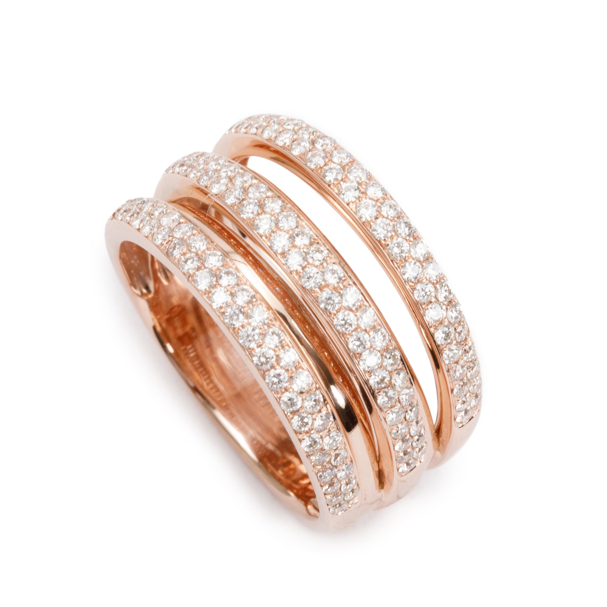 14k Rose Gold Pave Diamond Triple Ribbed Ring, Size 8