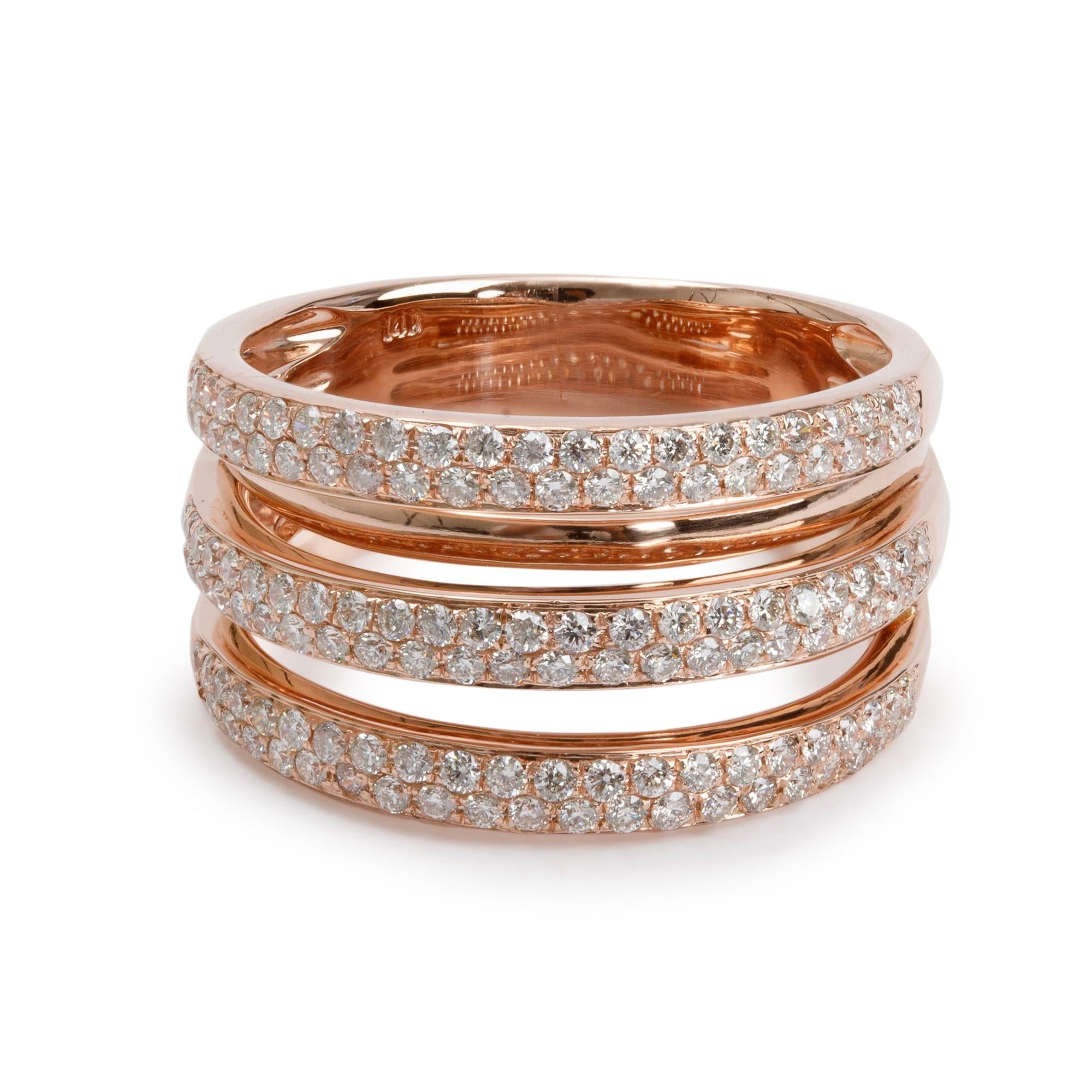 14k Rose Gold Pave Diamond Triple Ribbed Ring, Size 8