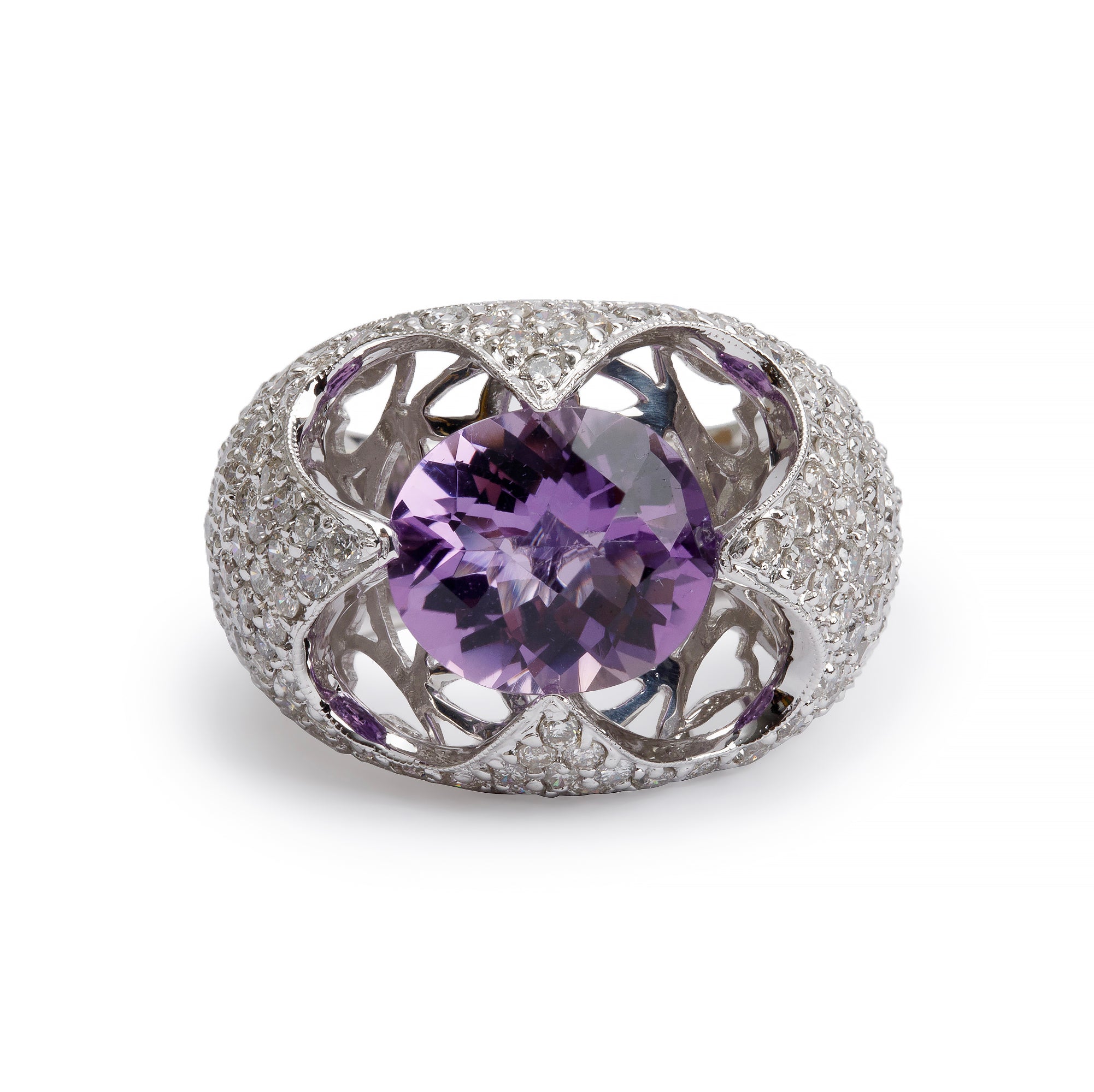 14k White Gold Amethyst & Diamond Cocktail Ring, Size 7.25
