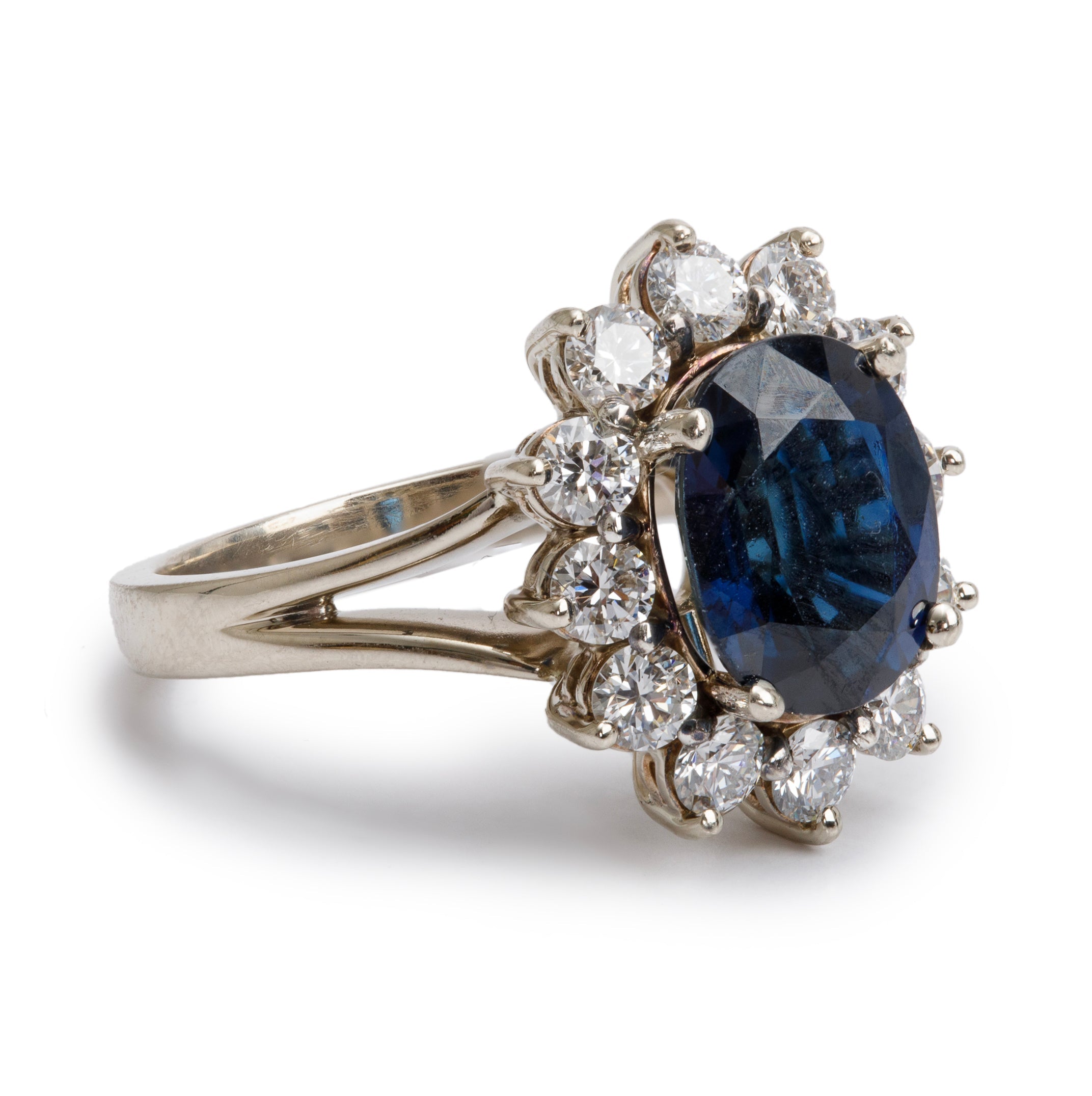 14k White Gold Blue Sapphire & Diamond Cocktail Ring, Size 6