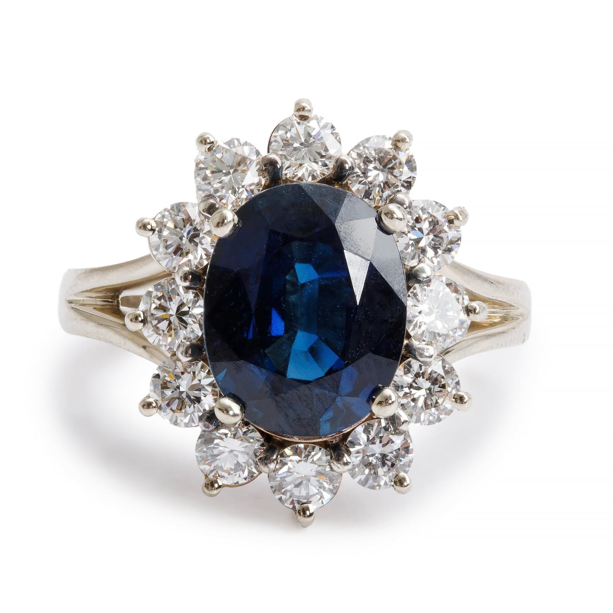 14k White Gold Blue Sapphire & Diamond Cocktail Ring, Size 6