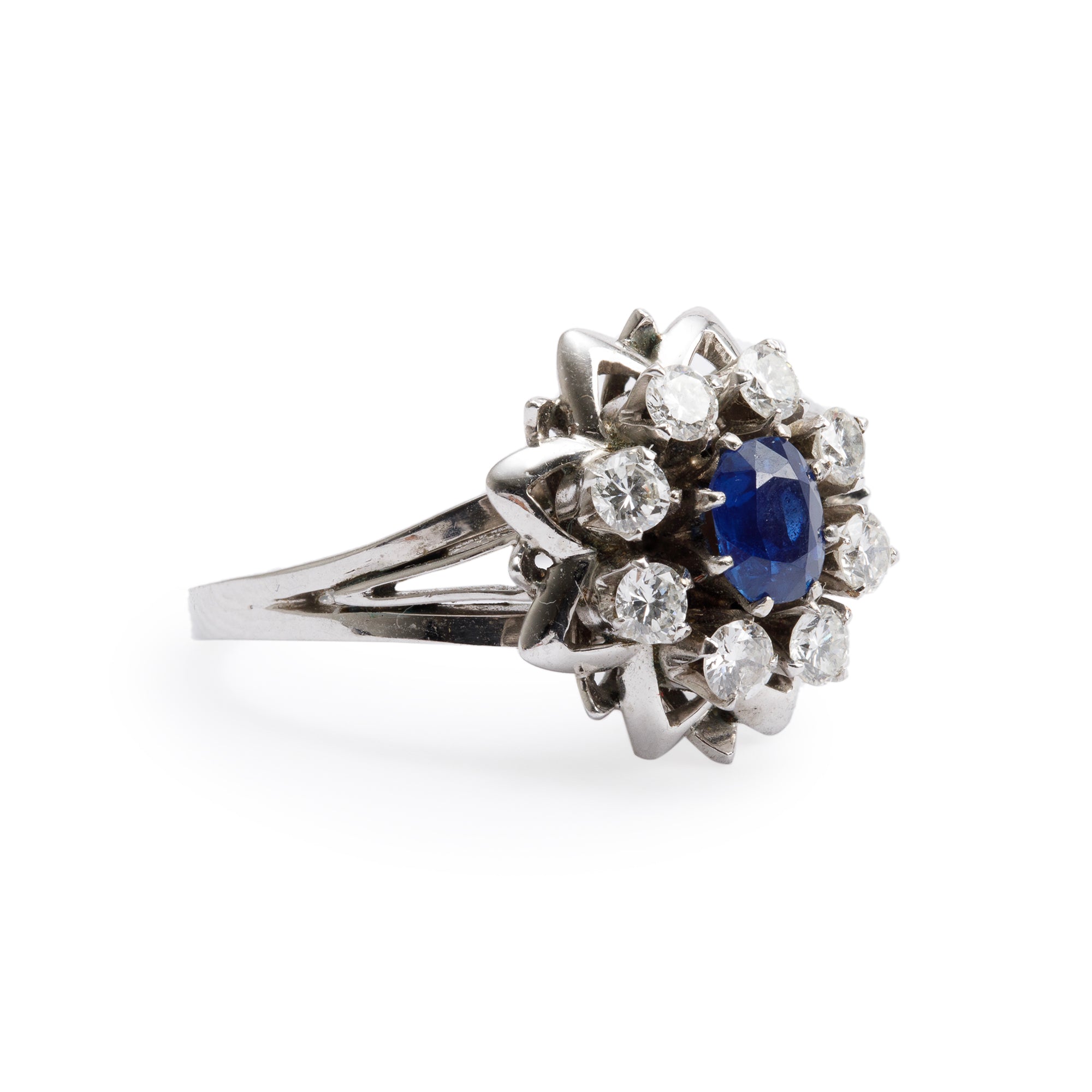 14k White Gold Blue Sapphire & Diamond Cocktail Ring, Size 7.75