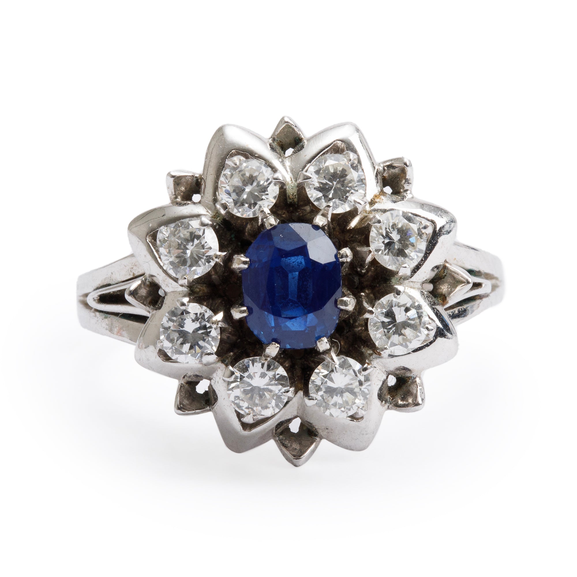 14k White Gold Blue Sapphire & Diamond Cocktail Ring, Size 7.75