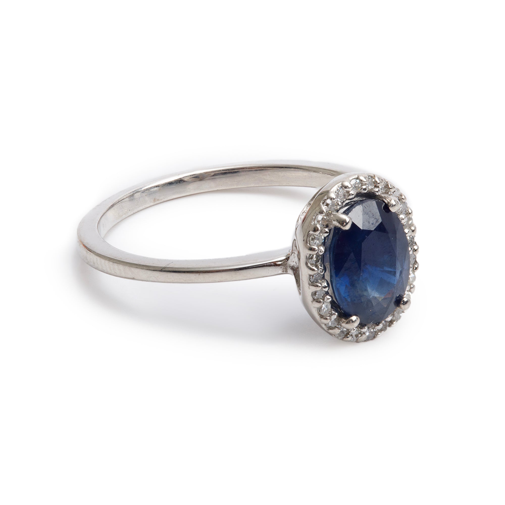 14k White Gold Blue Sapphire & Diamond Ring, Size 7