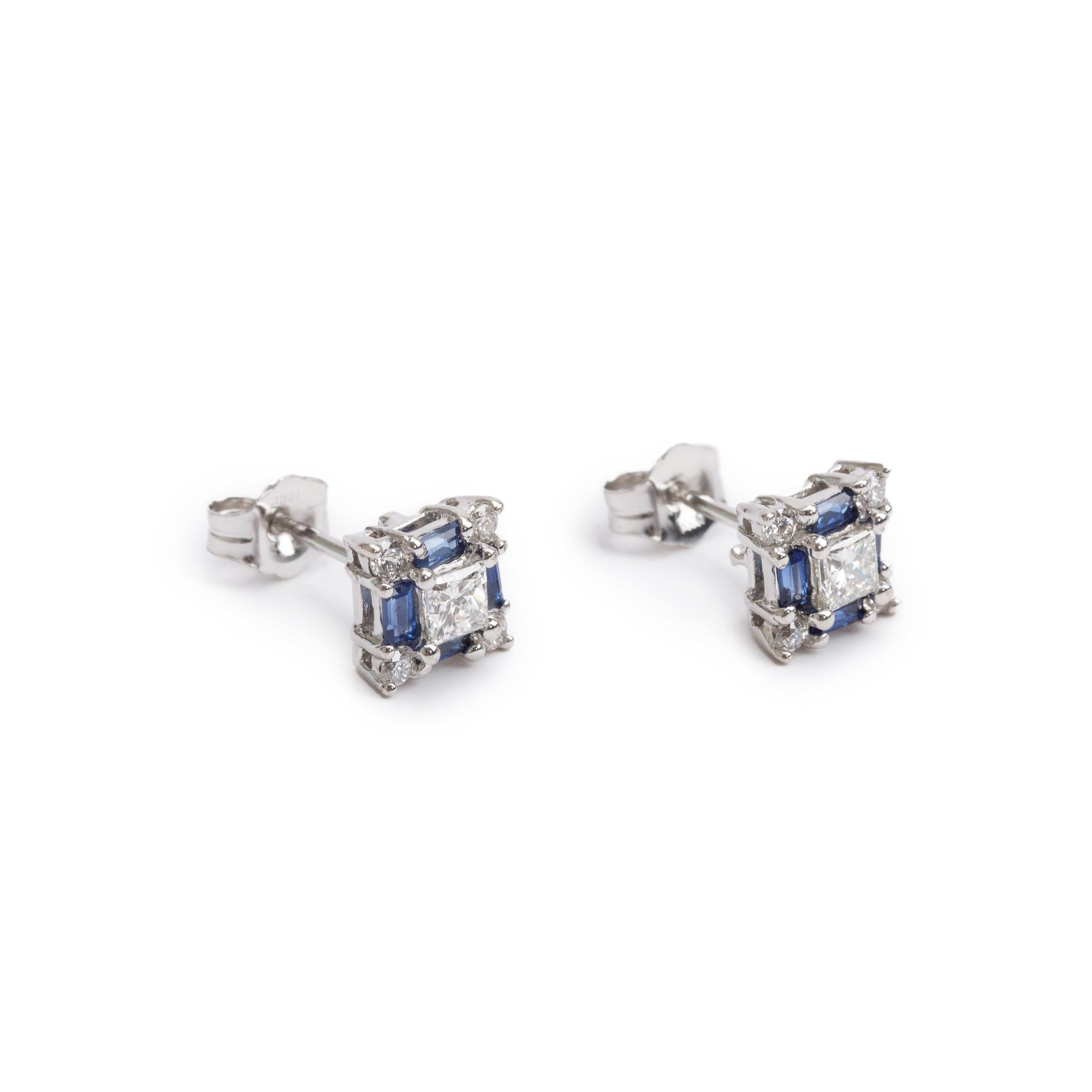 14k White Gold Blue Sapphire & Diamond Stud Earrings