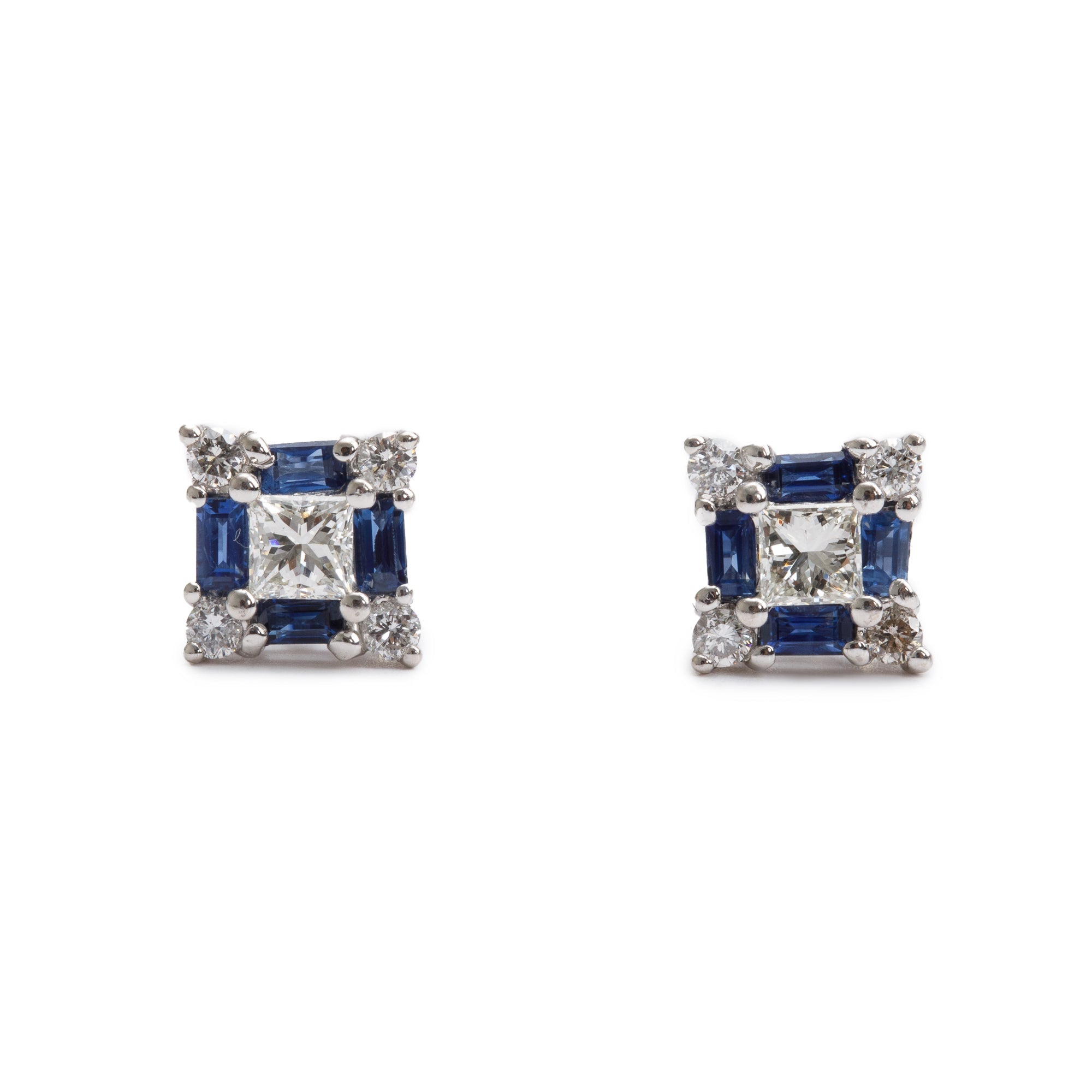 14k White Gold Blue Sapphire & Diamond Stud Earrings