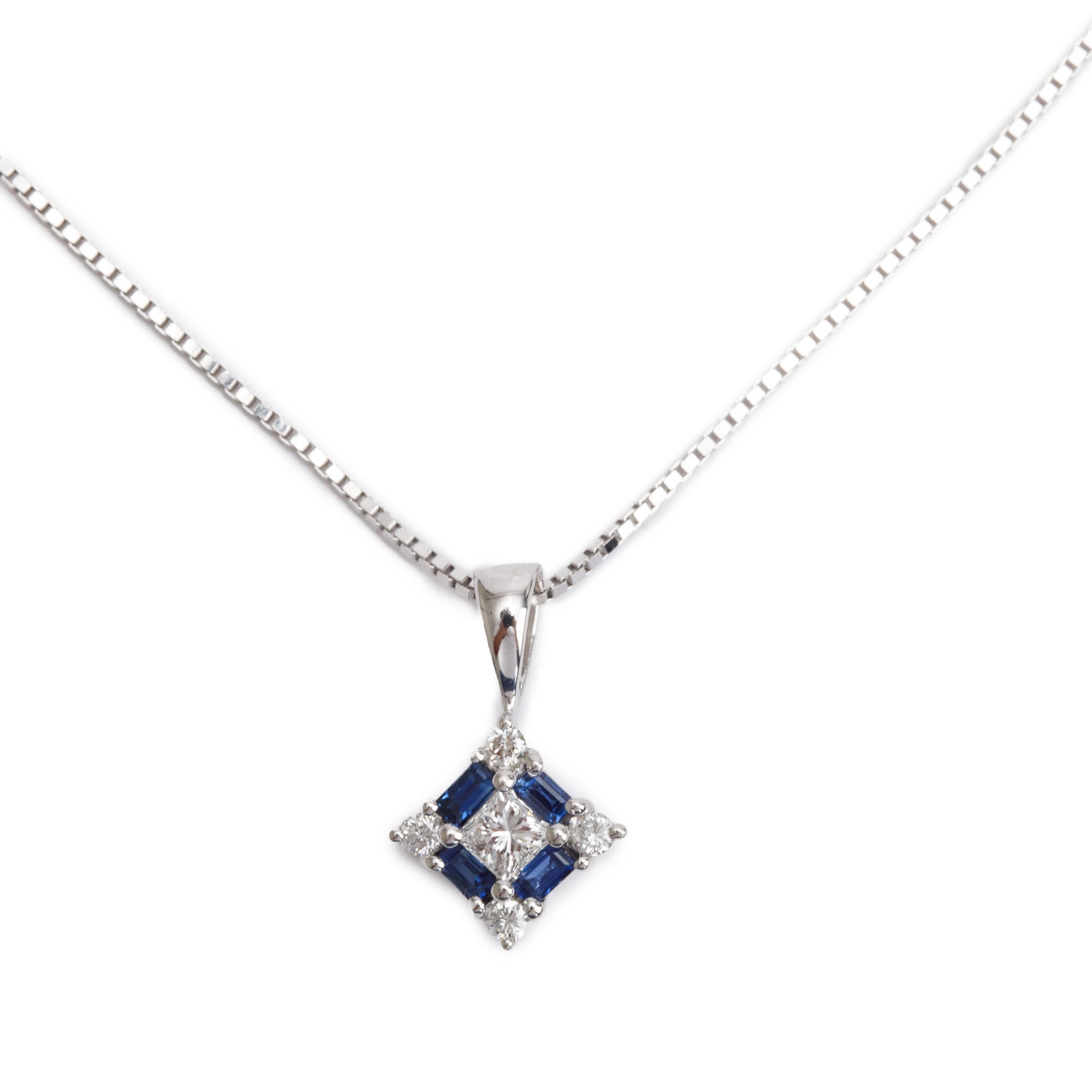 14k White Gold Blue Sapphire and Diamond Pendant Necklace