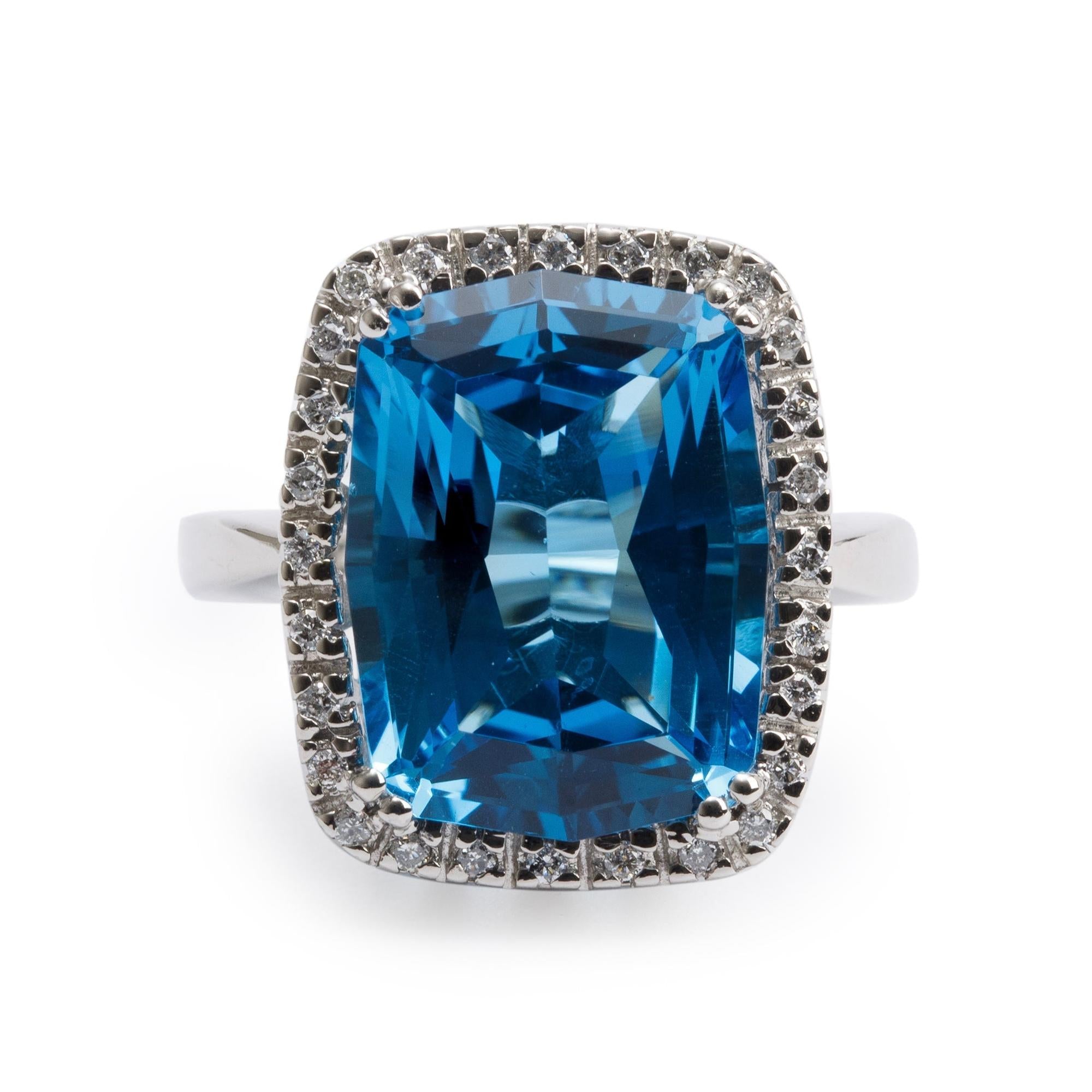 14k White Gold Blue Topaz & Diamond Cocktail Ring, Size 5