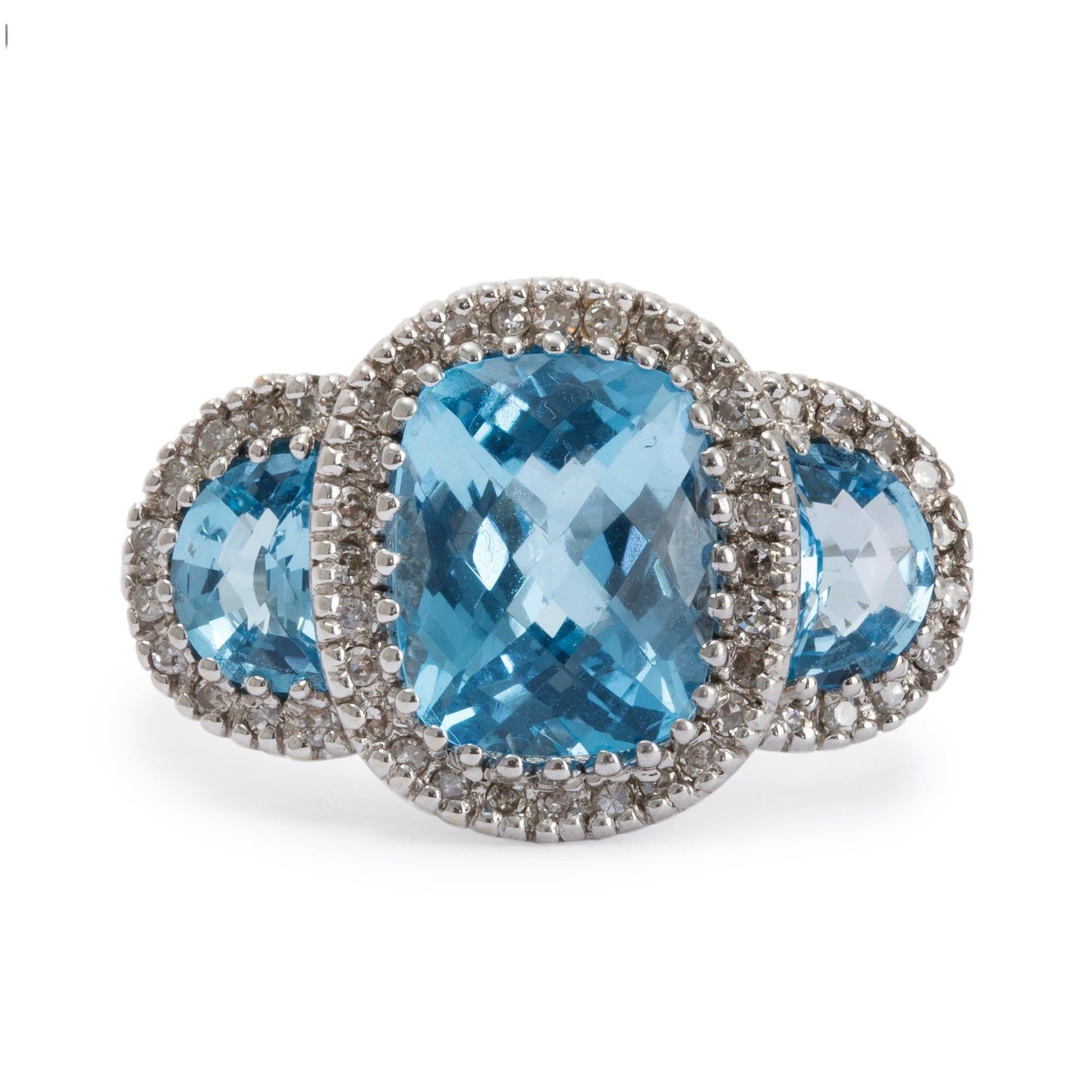 14k White Gold Blue Topaz & Diamond Cocktail Ring