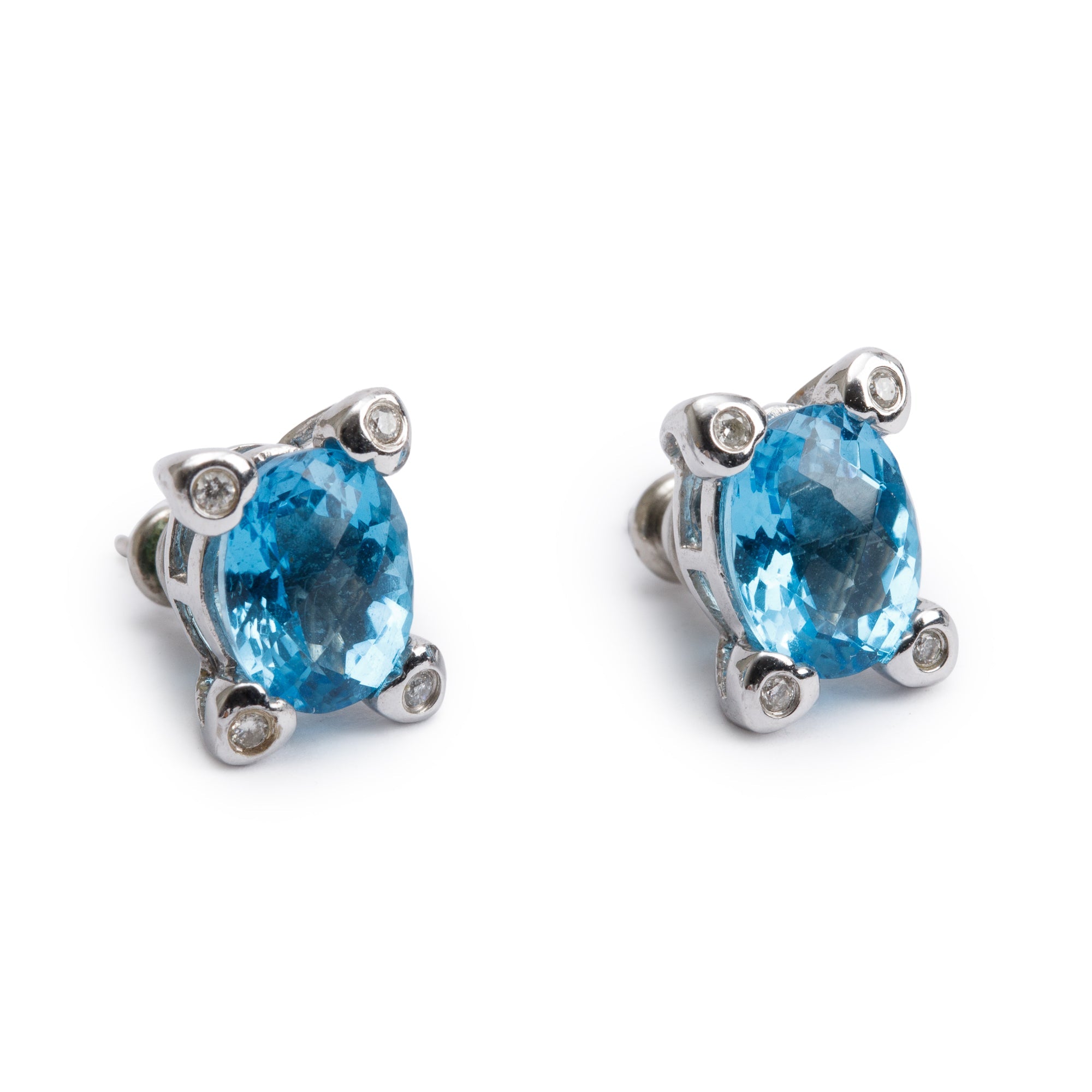 14k White Gold Blue Topaz & Diamond Earrings
