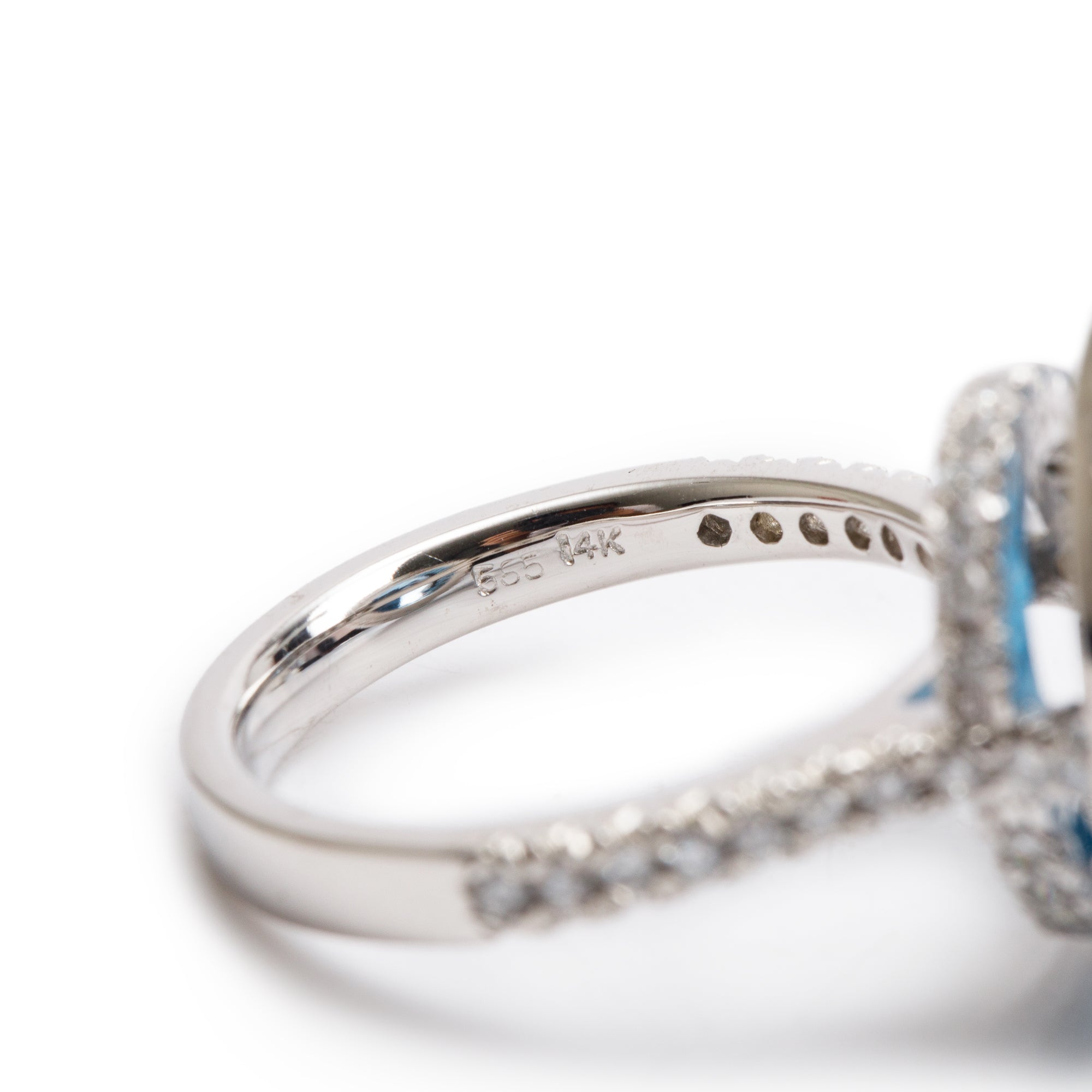 14k White Gold Blue Topaz and Diamond Cocktail Ring, Size 7