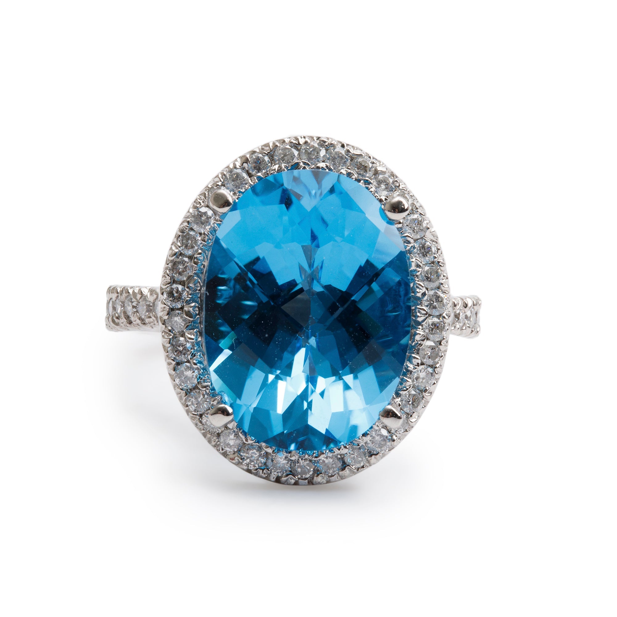 14k White Gold Blue Topaz and Diamond Cocktail Ring, Size 7
