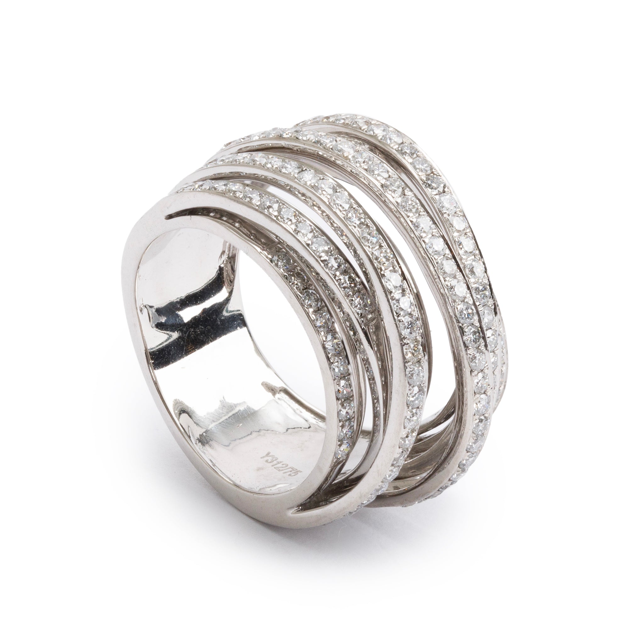 14k White Gold Diamond Crossover Cocktail Ring, Size 6.5