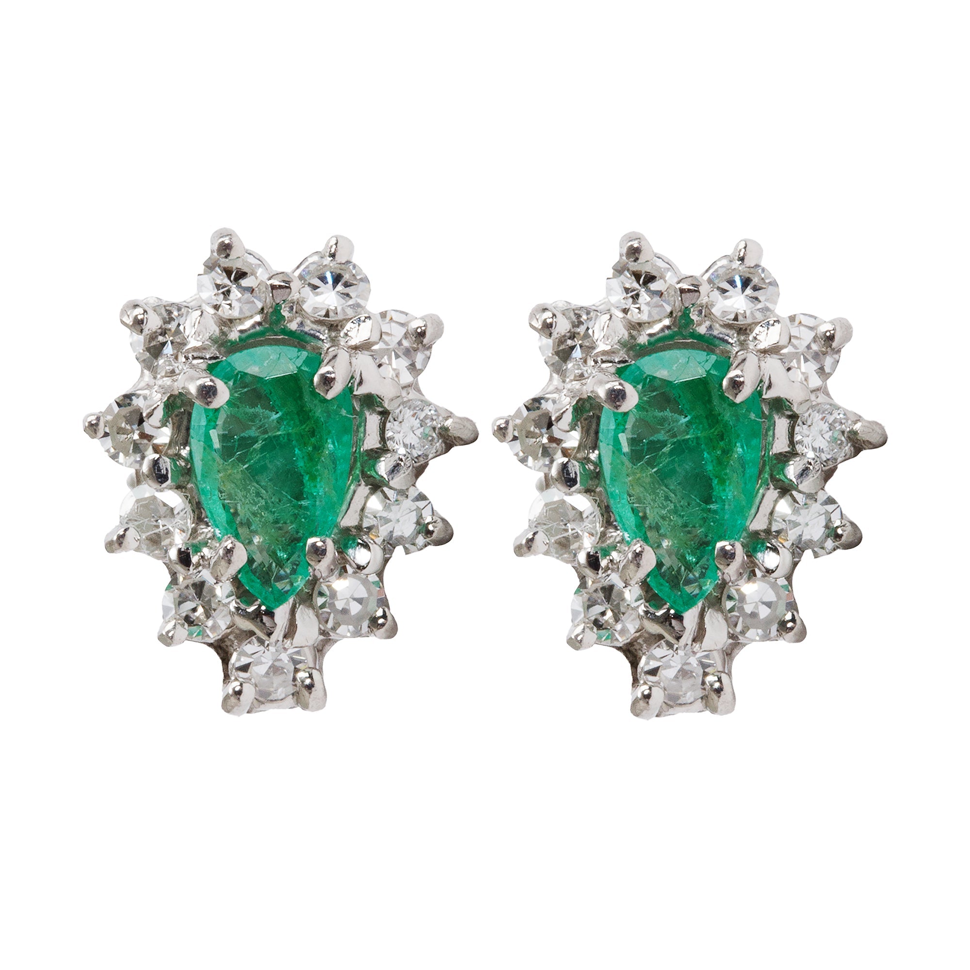 14k White Gold Emerald & Diamond Stud Earrings