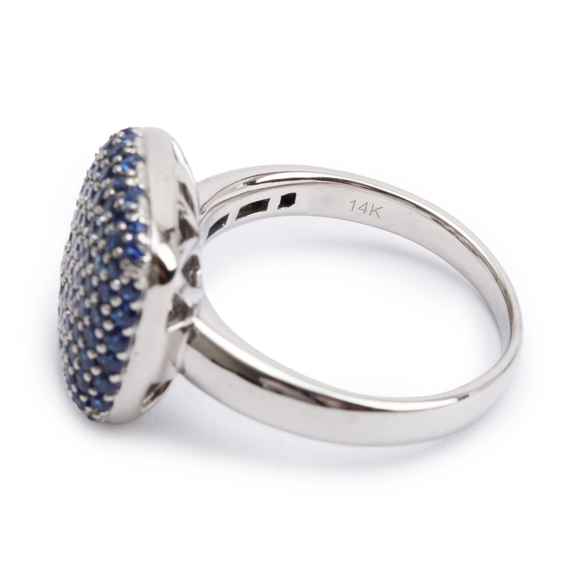 14k White Gold Pave Blue Sapphire Cushion Top Ring, Size 7.5