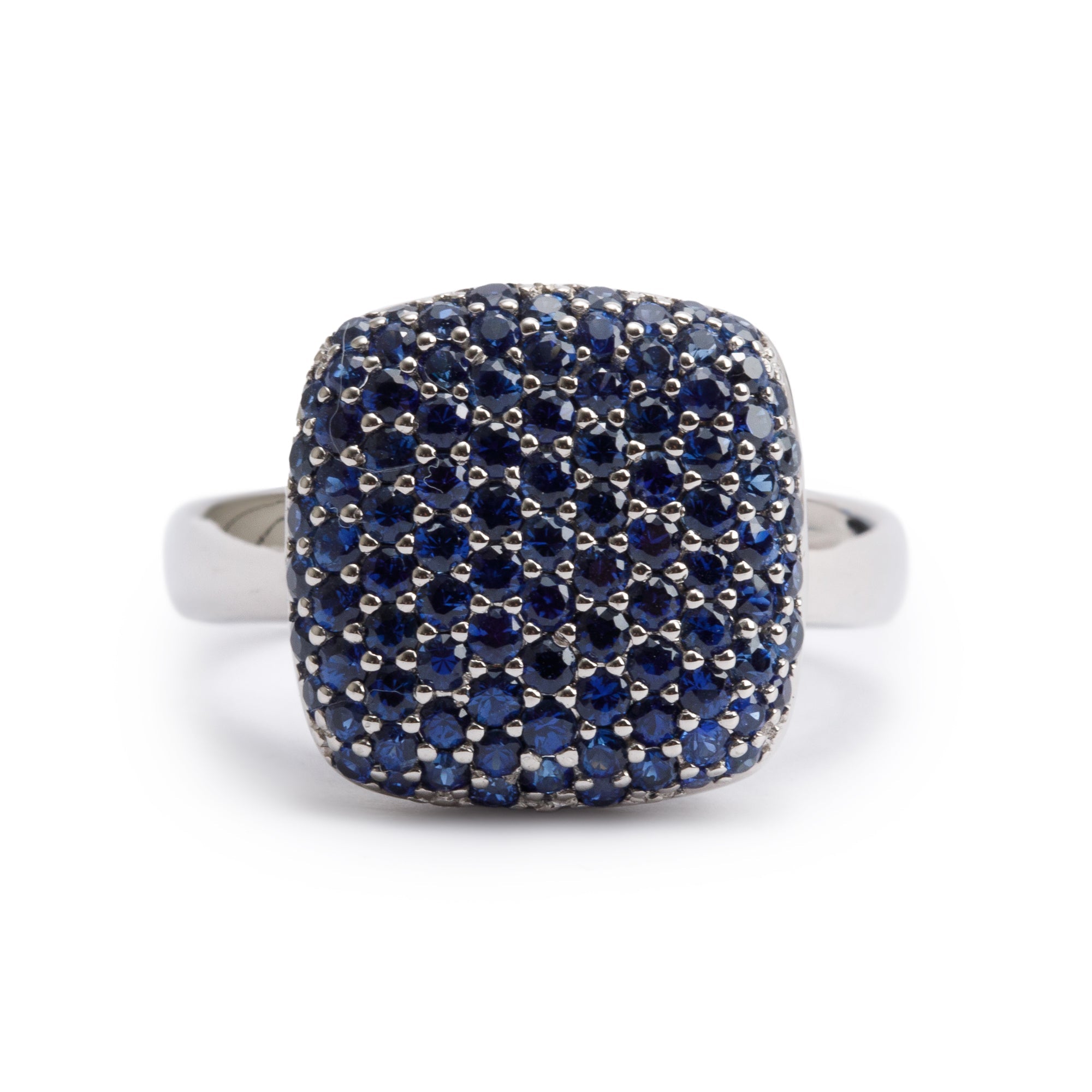 14k White Gold Pave Blue Sapphire Cushion Top Ring, Size 7.5