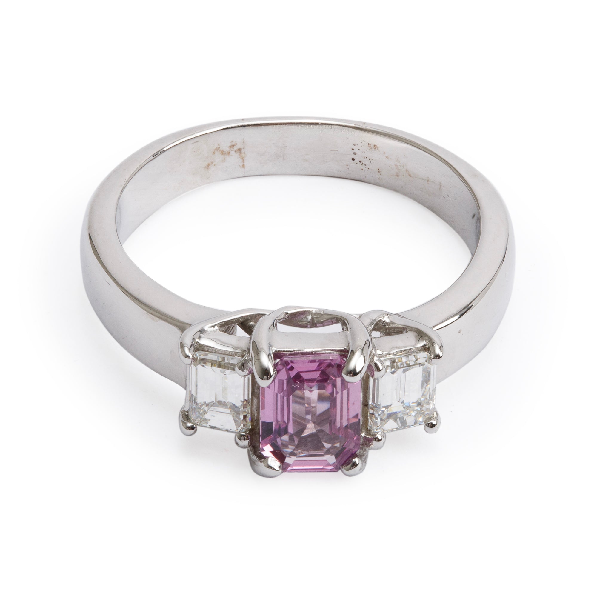 14k White Gold Pink Saphire & Diamond Three-Stone Ring, Size 8