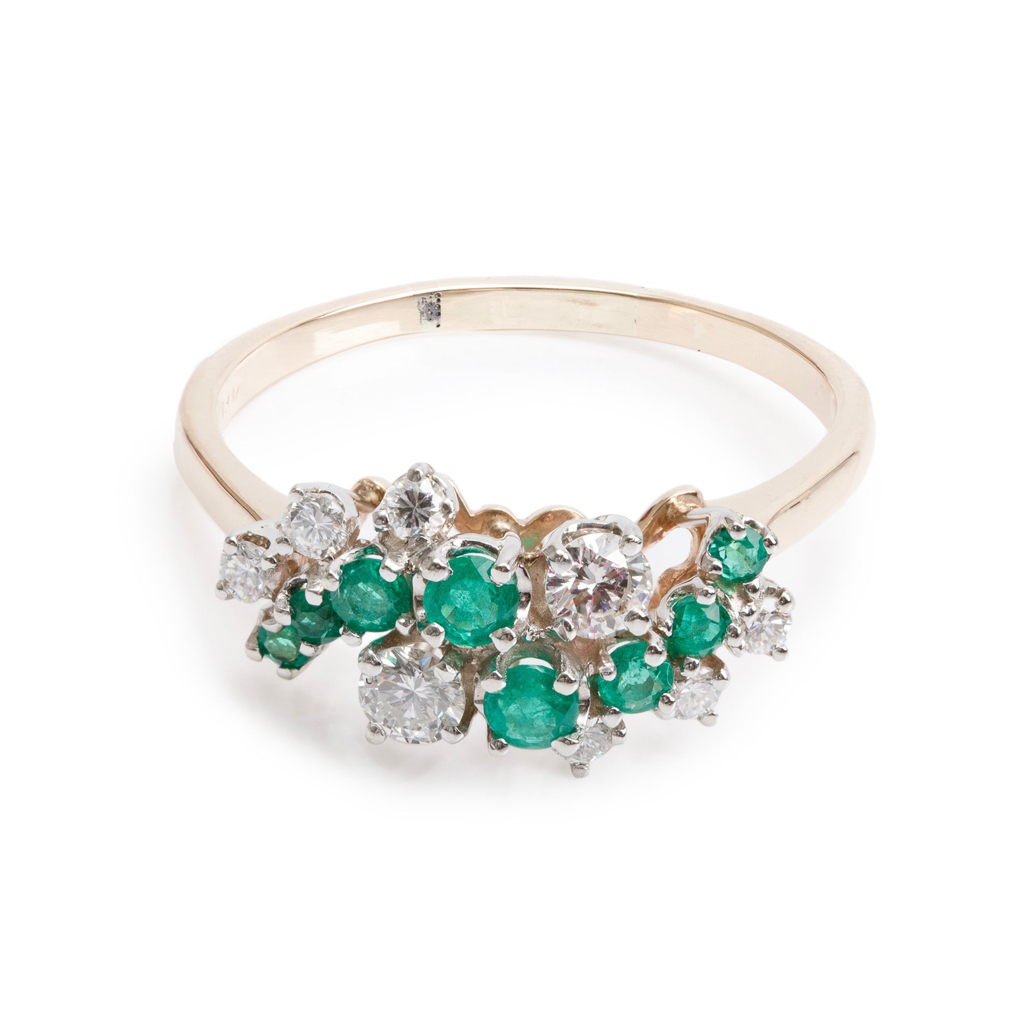 14k Yellow Gold Emerald & Diamond Cluster Ring, Size 10