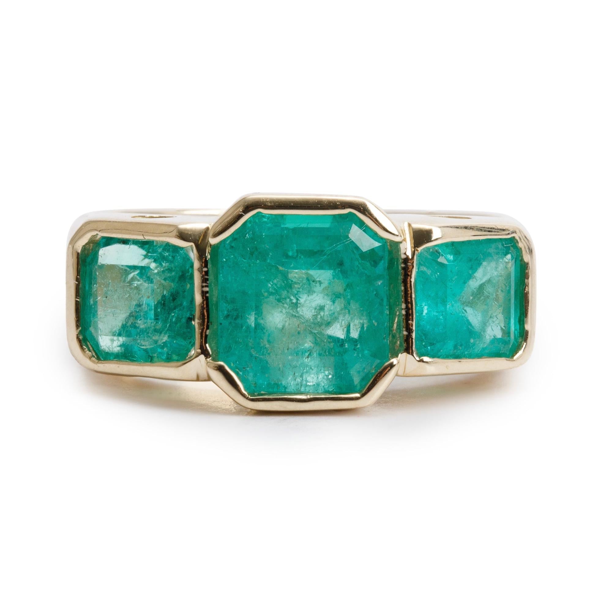 14k Yellow Gold Emerald Three-Stone Ring, Size 7.25