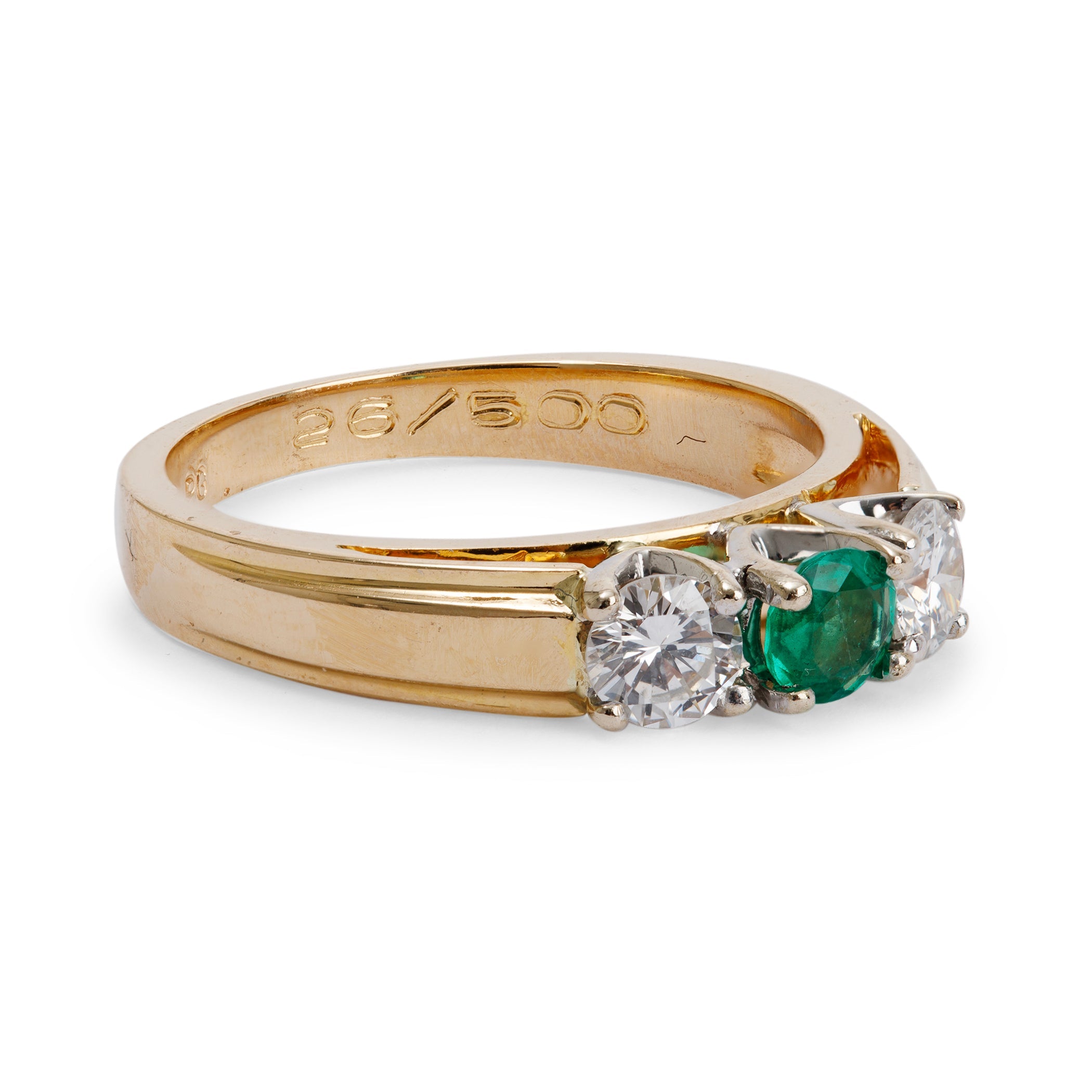 14k Yellow Gold Emerald and Diamond Three Stone Ring