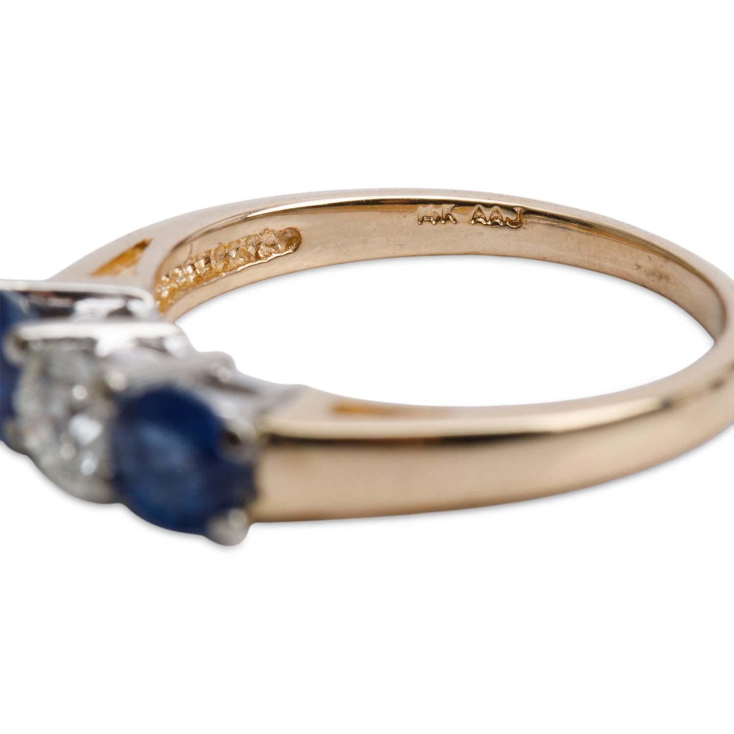 14k Yellow and White Gold Blue Sapphire & Diamond Three Stone Ring, Size 6.75