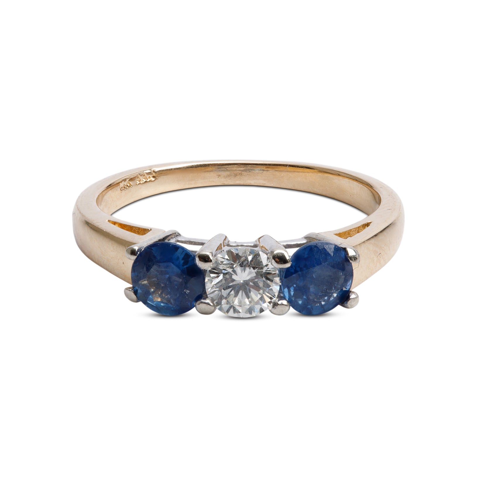 14k Yellow and White Gold Blue Sapphire & Diamond Three Stone Ring, Size 6.75