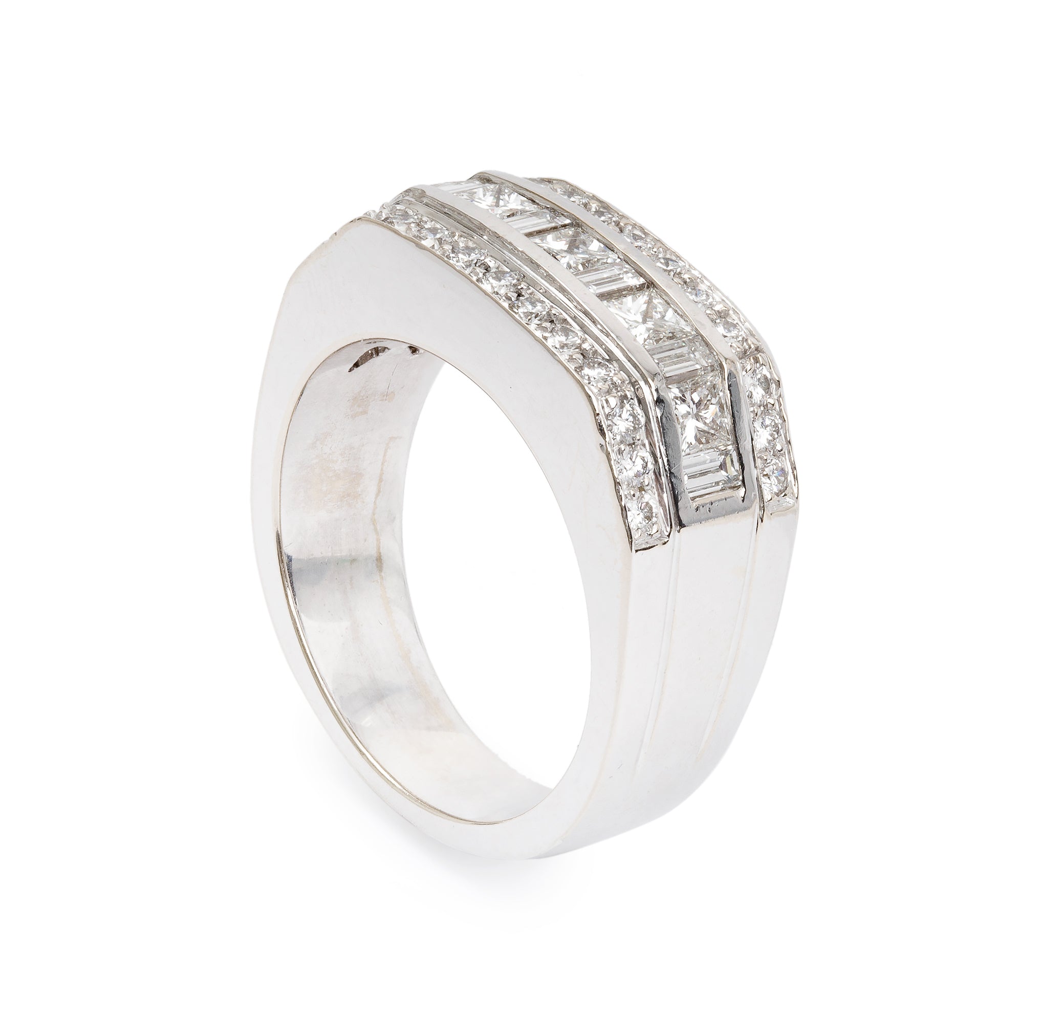 18k White Gold 3 Rows Diamond Cocktail Ring, Size 10