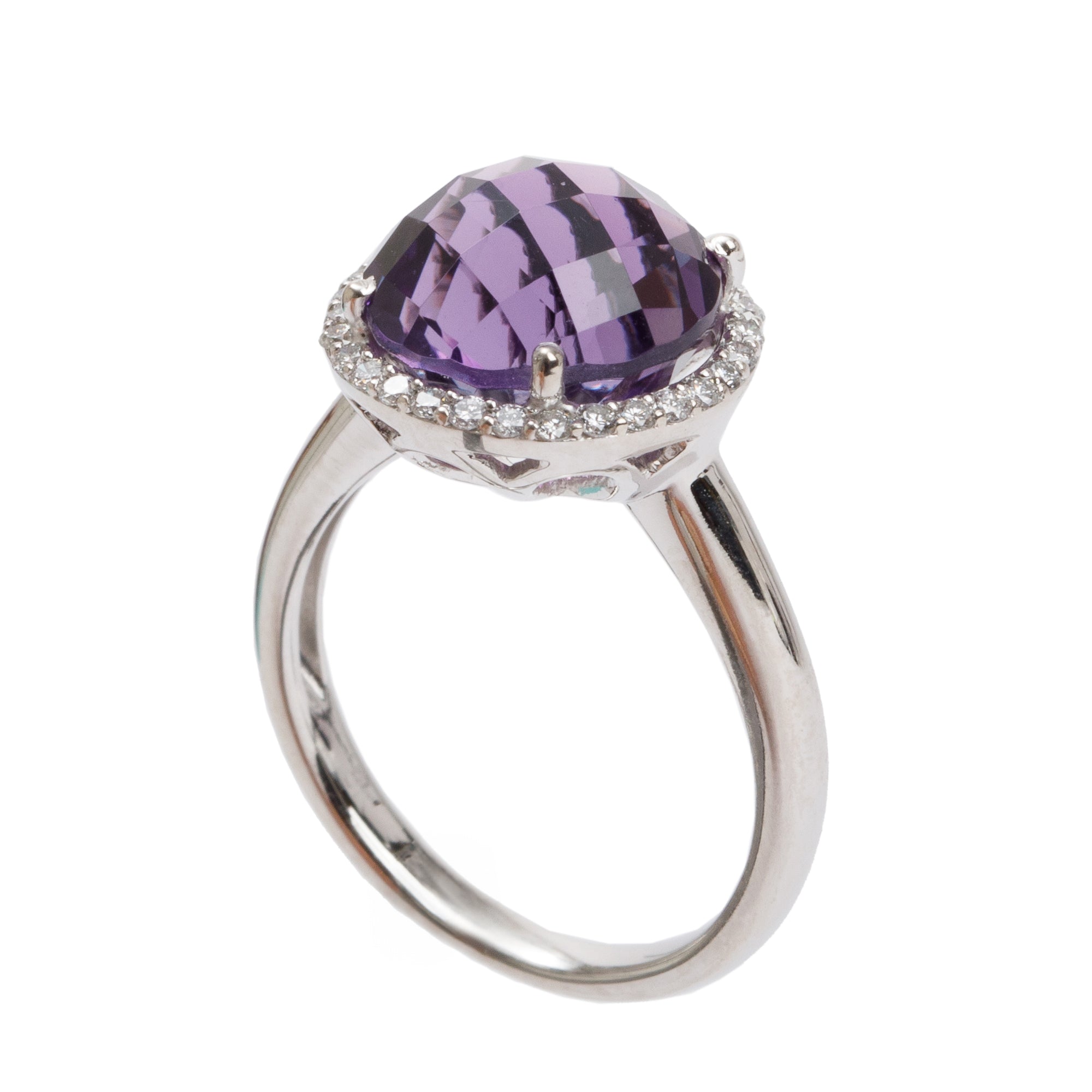 18k White Gold Amethyst & Diamond Cocktail Ring, Size 6