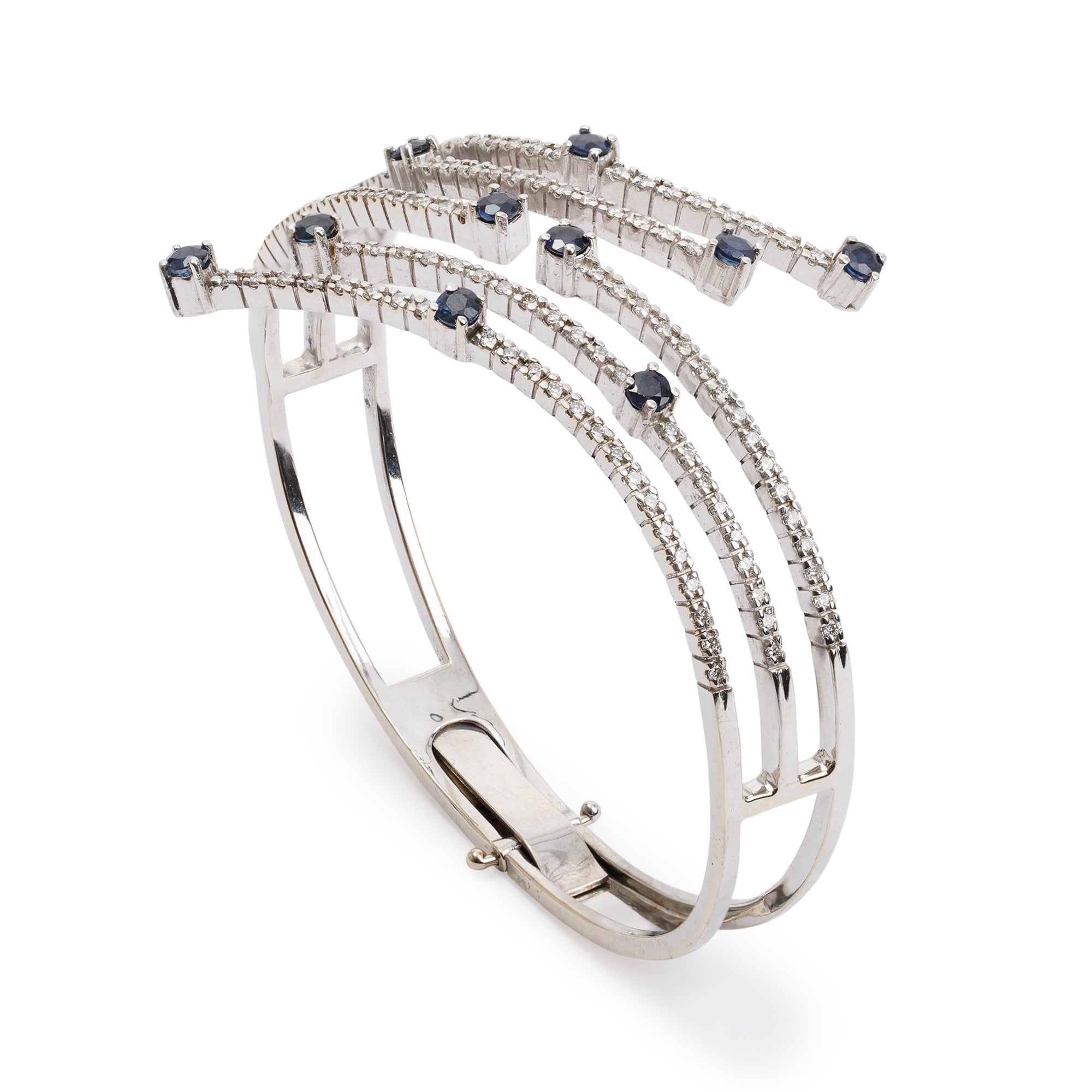 18k White Gold Blue Sapphire and Diamond Hinged Bangle Bracelet