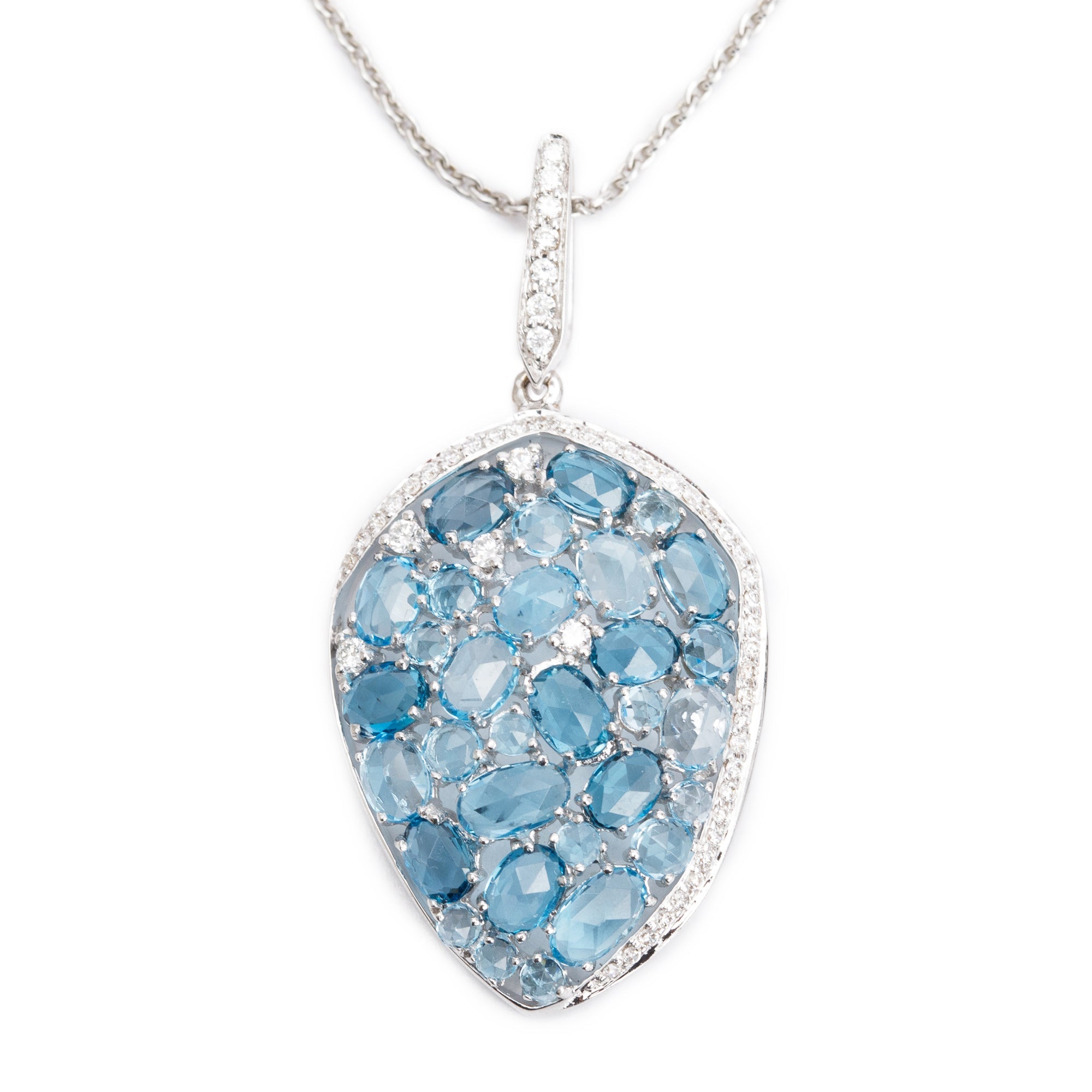 18k White Gold Blue Topaz & Diamond Pendant Necklace