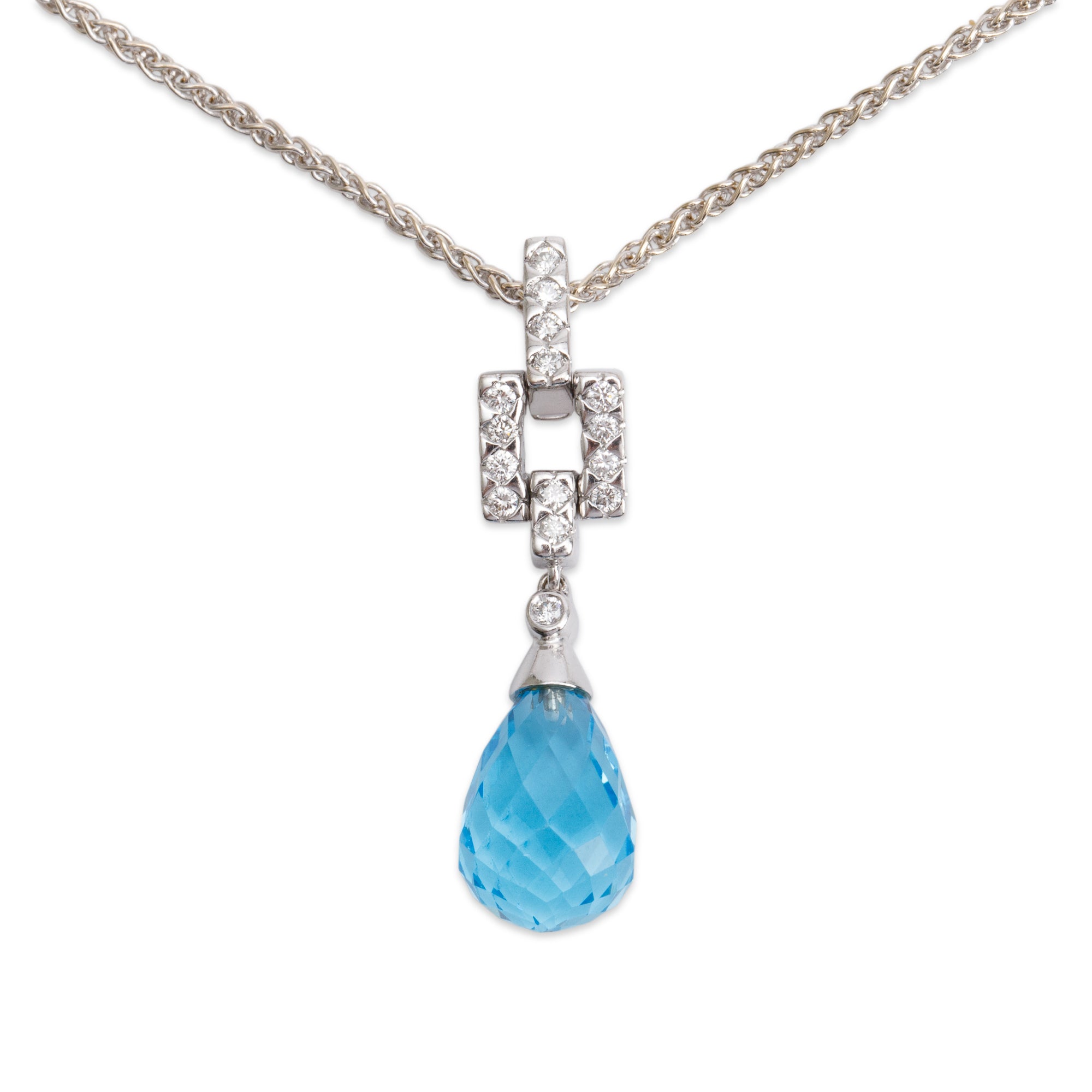 18k White Gold Blue Topaz & Diamond Pendant Necklace