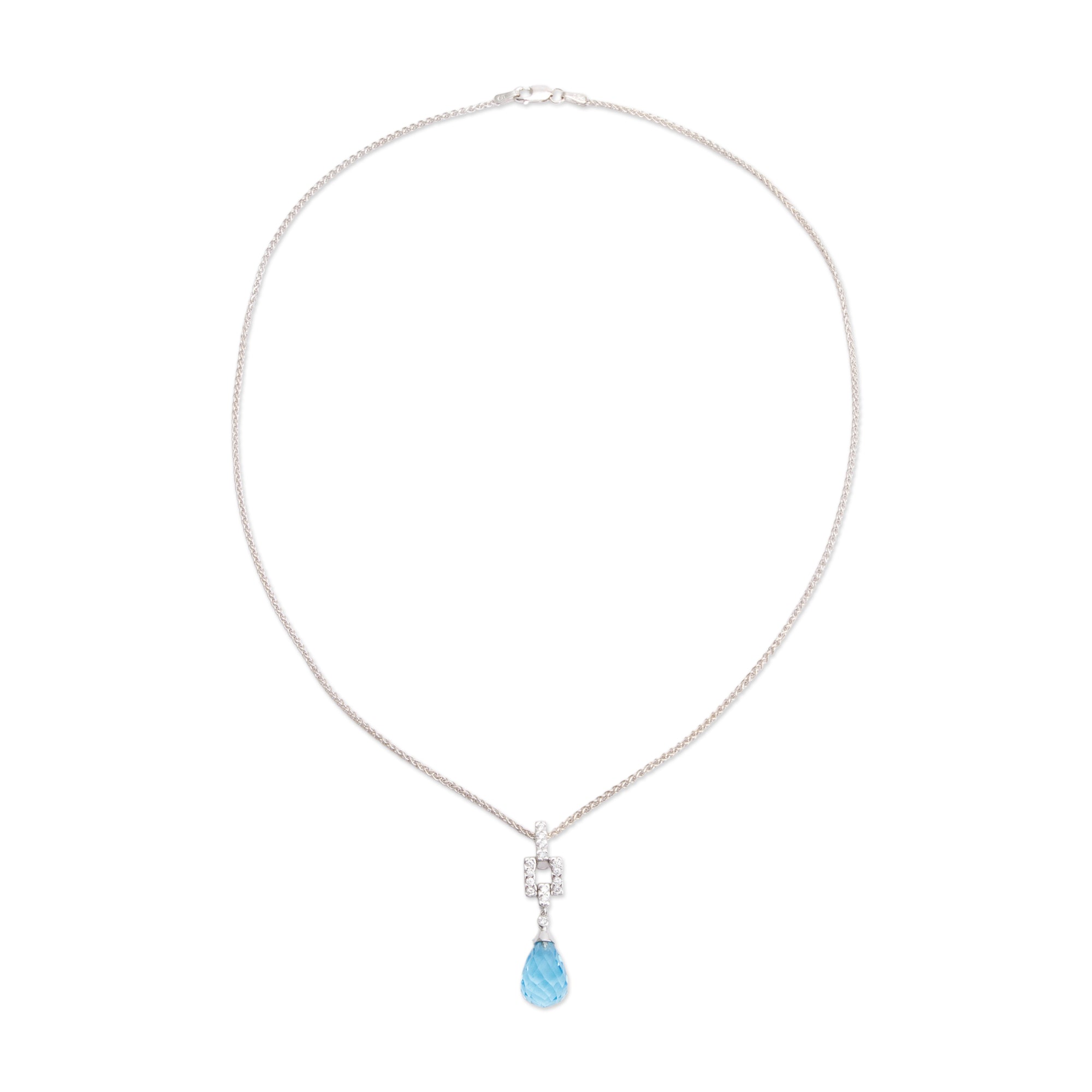 18k White Gold Blue Topaz & Diamond Pendant Necklace