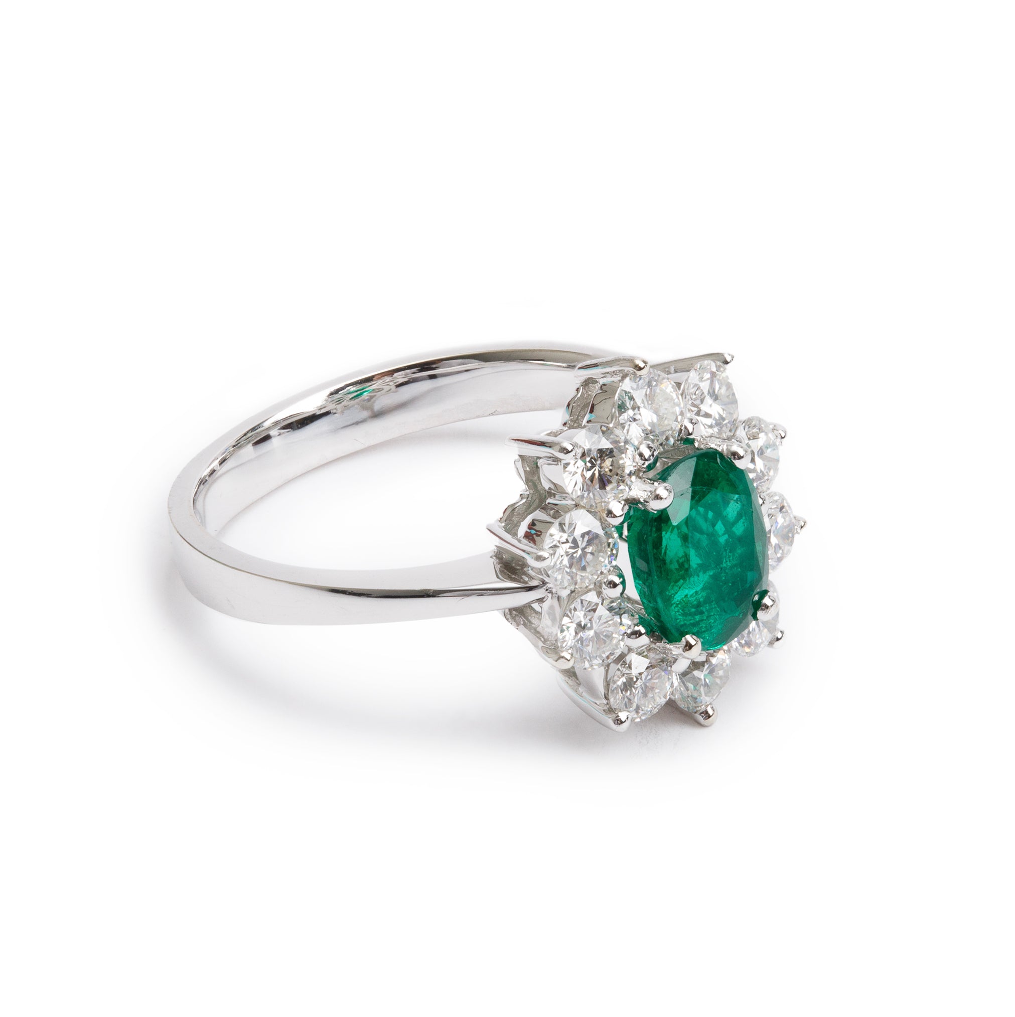 18k White Gold Emerald & Diamond Cocktail Ring, Size 6.75