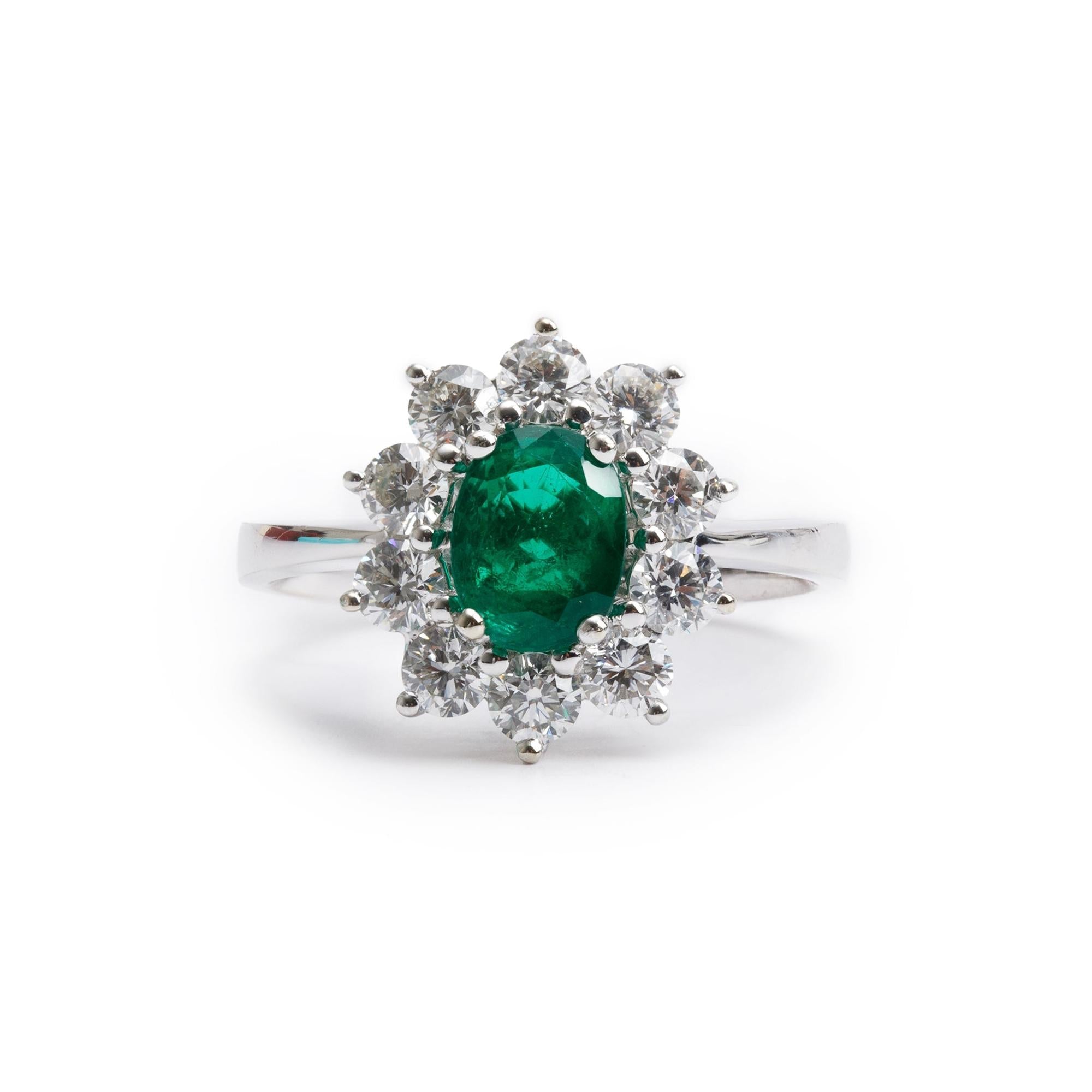 18k White Gold Emerald & Diamond Cocktail Ring, Size 6.75