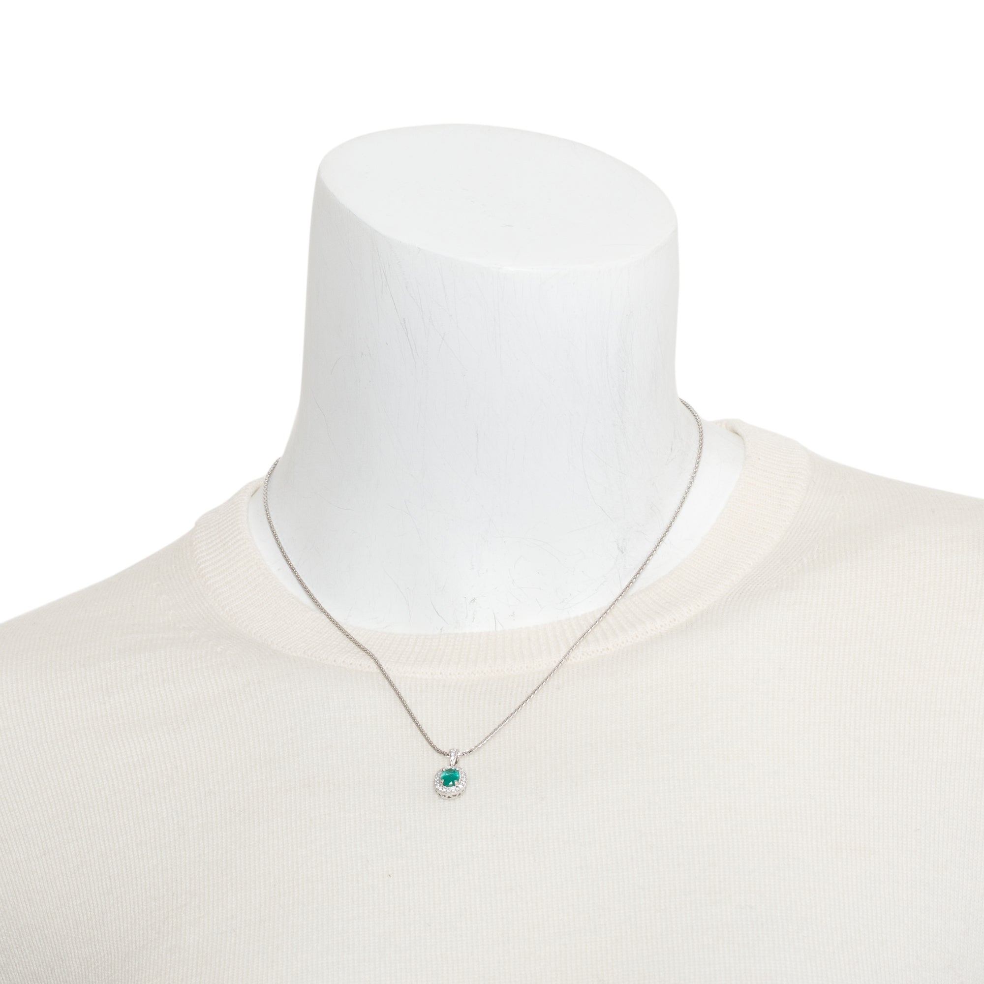 18k White Gold Emerald & Diamond Pendant on 14k White Gold Chain Necklace