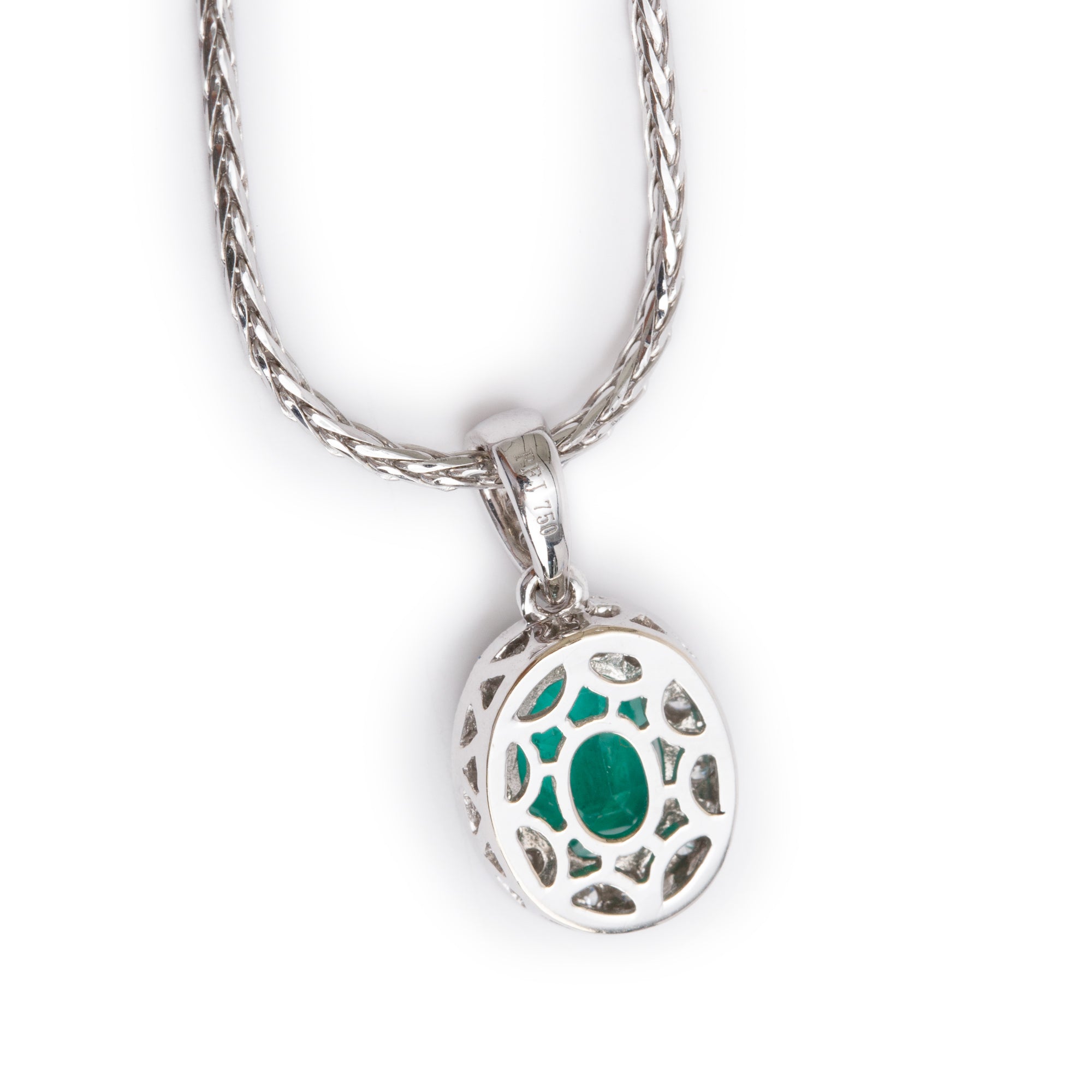 18k White Gold Emerald & Diamond Pendant on 14k White Gold Chain Necklace