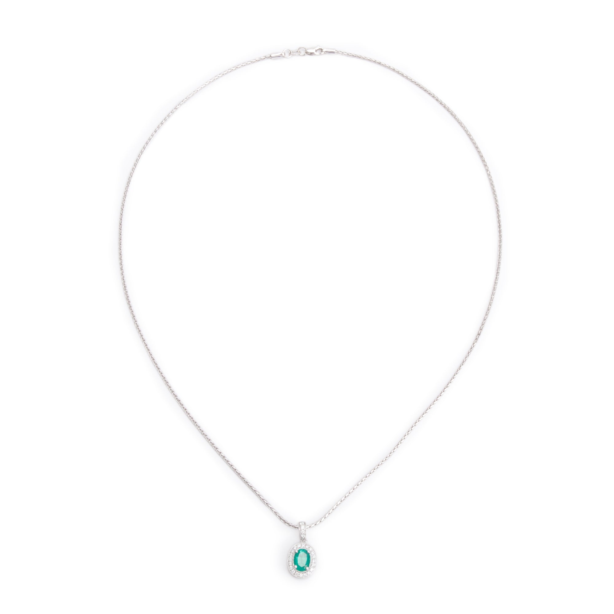 18k White Gold Emerald & Diamond Pendant on 14k White Gold Chain Necklace