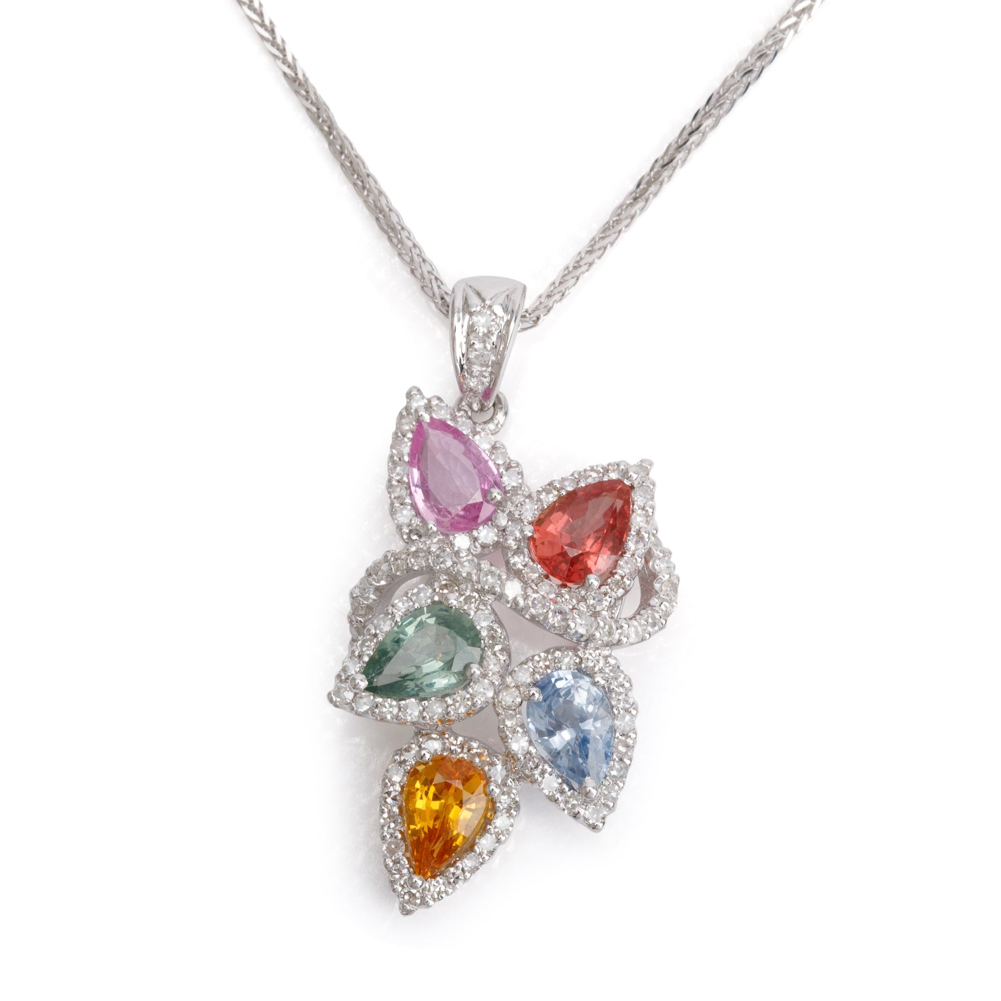 18k White Gold Multicolor Sapphire and Diamond Pendant Necklace