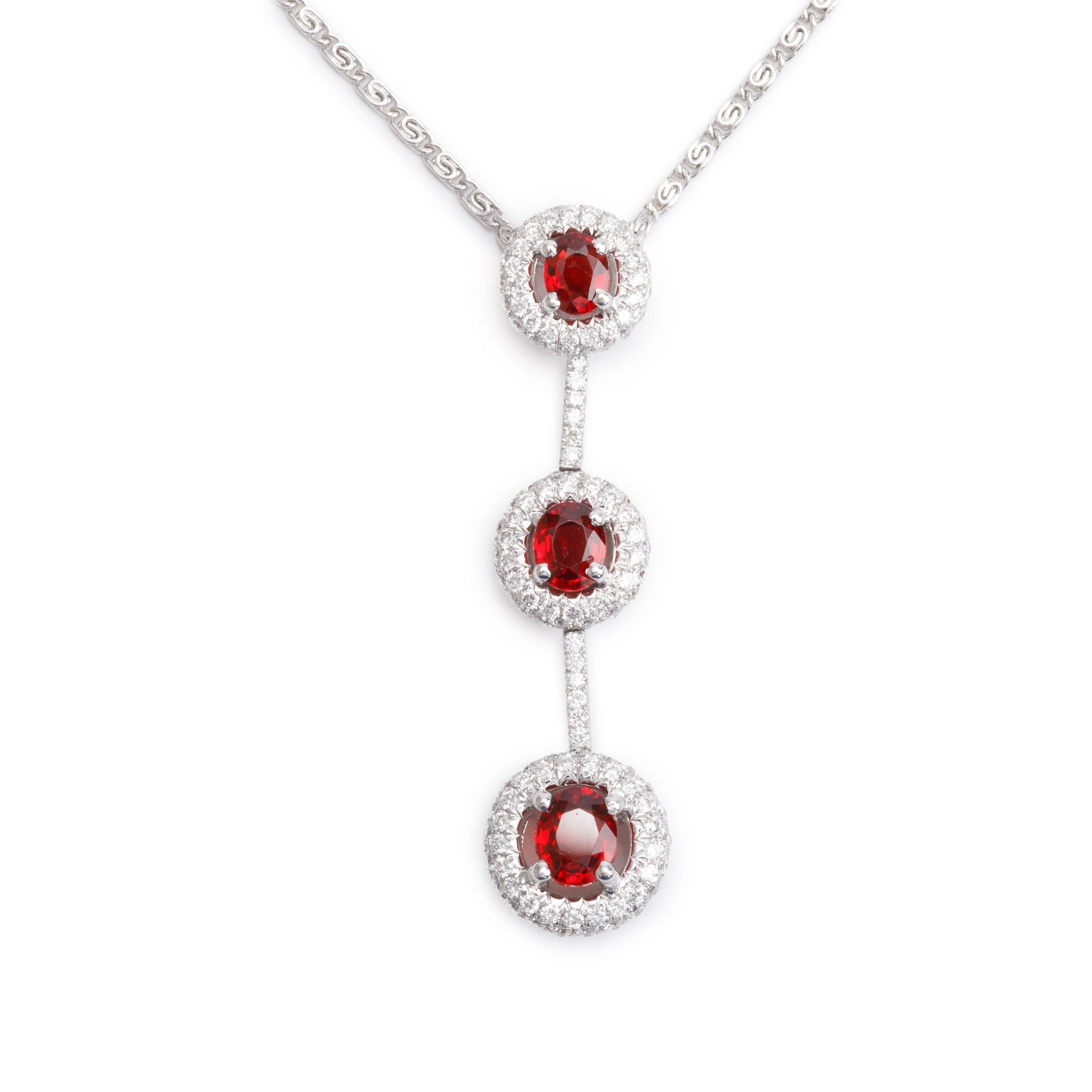 18k White Gold Ruby & Diamond Drop Pendant Necklace