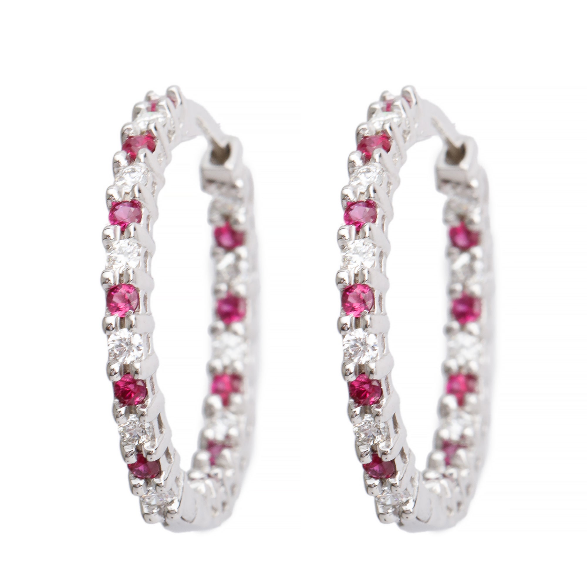 18k White Gold Ruby & Diamond Hoop Earrings