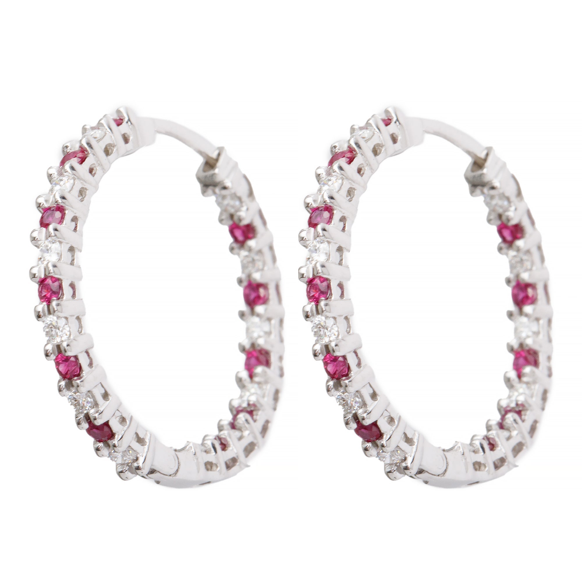 18k White Gold Ruby & Diamond Hoop Earrings
