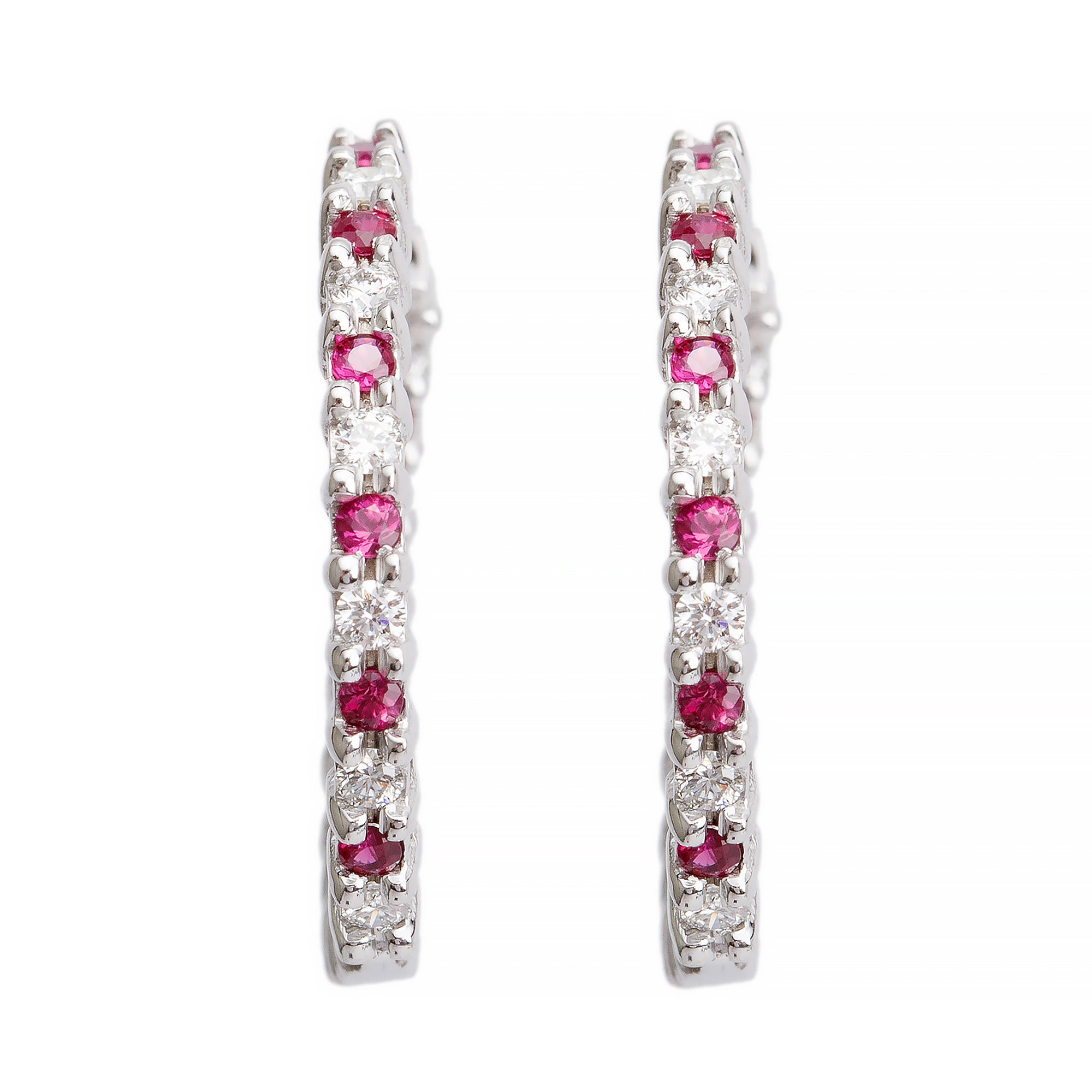 18k White Gold Ruby & Diamond Hoop Earrings