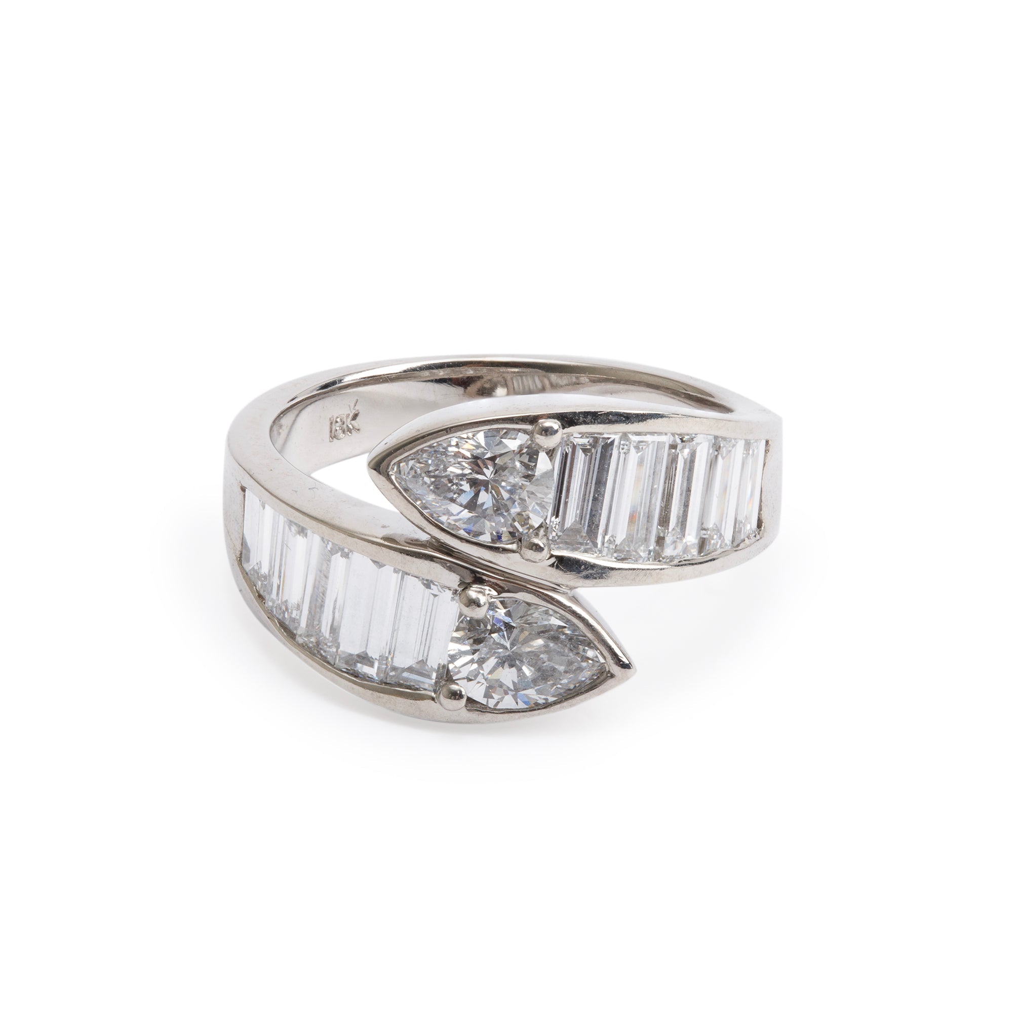 18k White Gold Single Row Diamond Bypass Ring, Size 6