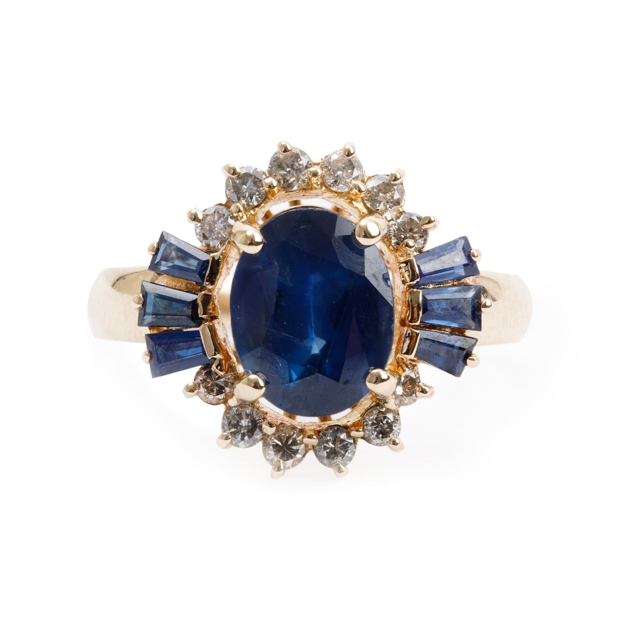 18k Yellow Gold Blue Sapphire and Diamond Cocktail Ring, Size 7.5