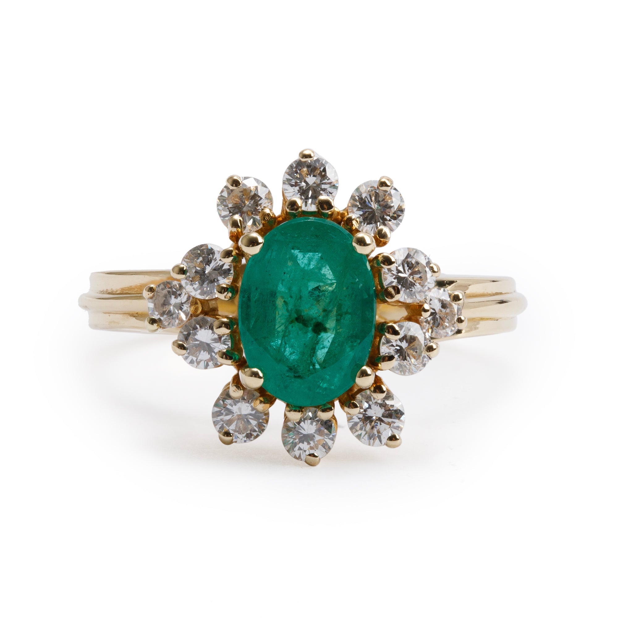 18k Yellow Gold Emerald & Diamond Cocktail Ring, Size 6.25