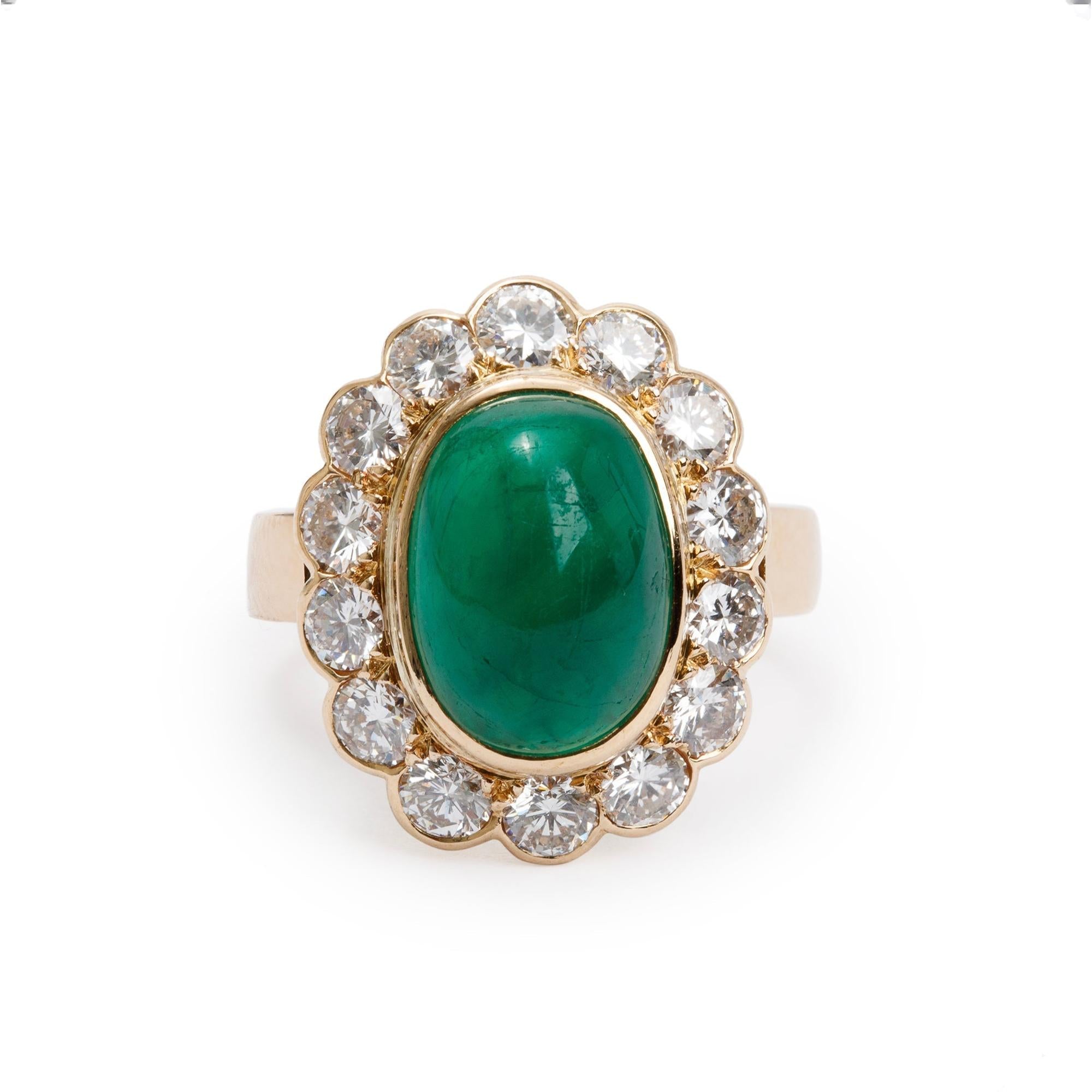 18k Yellow Gold Emerald & Diamond Cocktail Ring, Size 6.5
